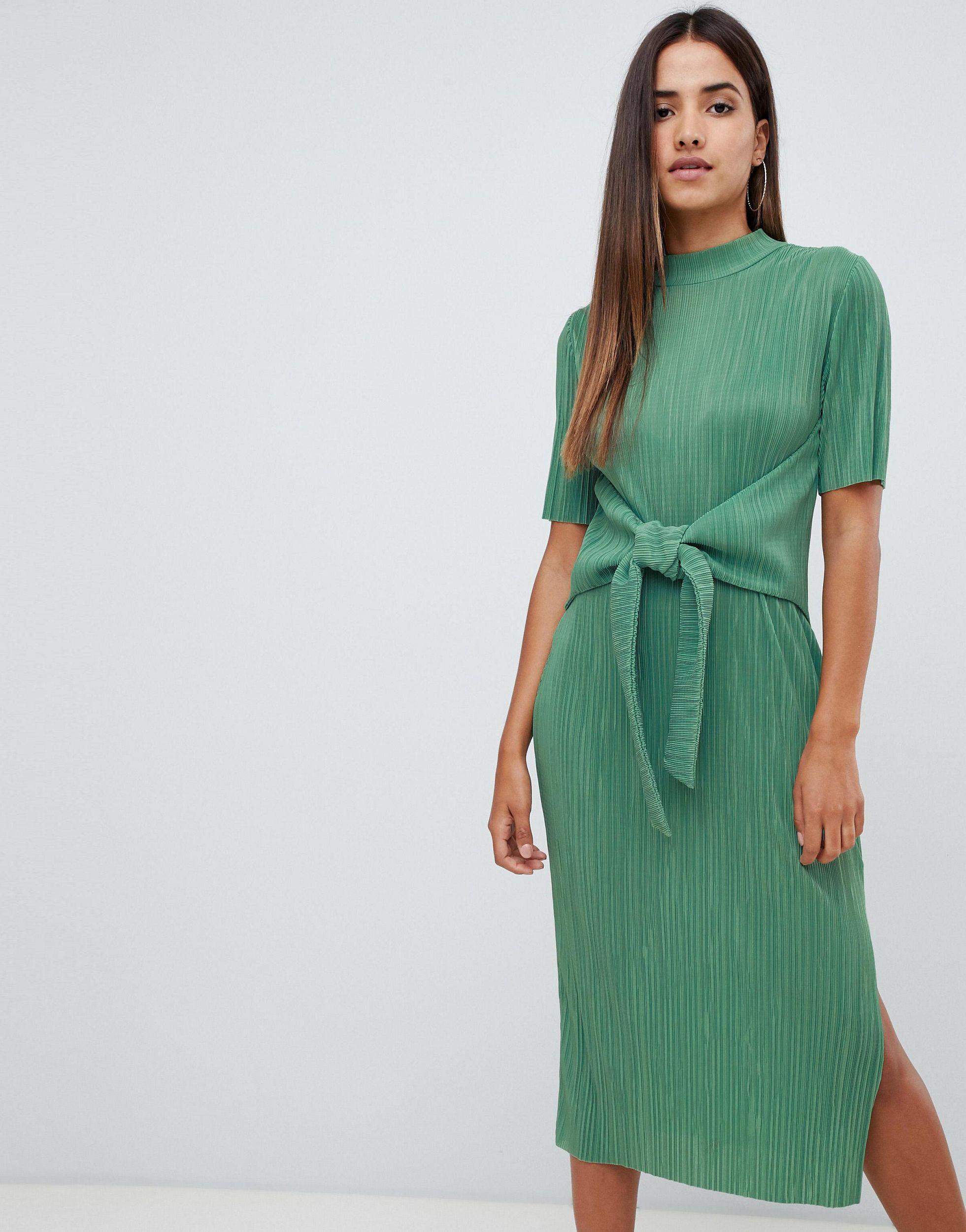 ASOS Denim Knot Front Plisse Midi Dress in Green - Lyst