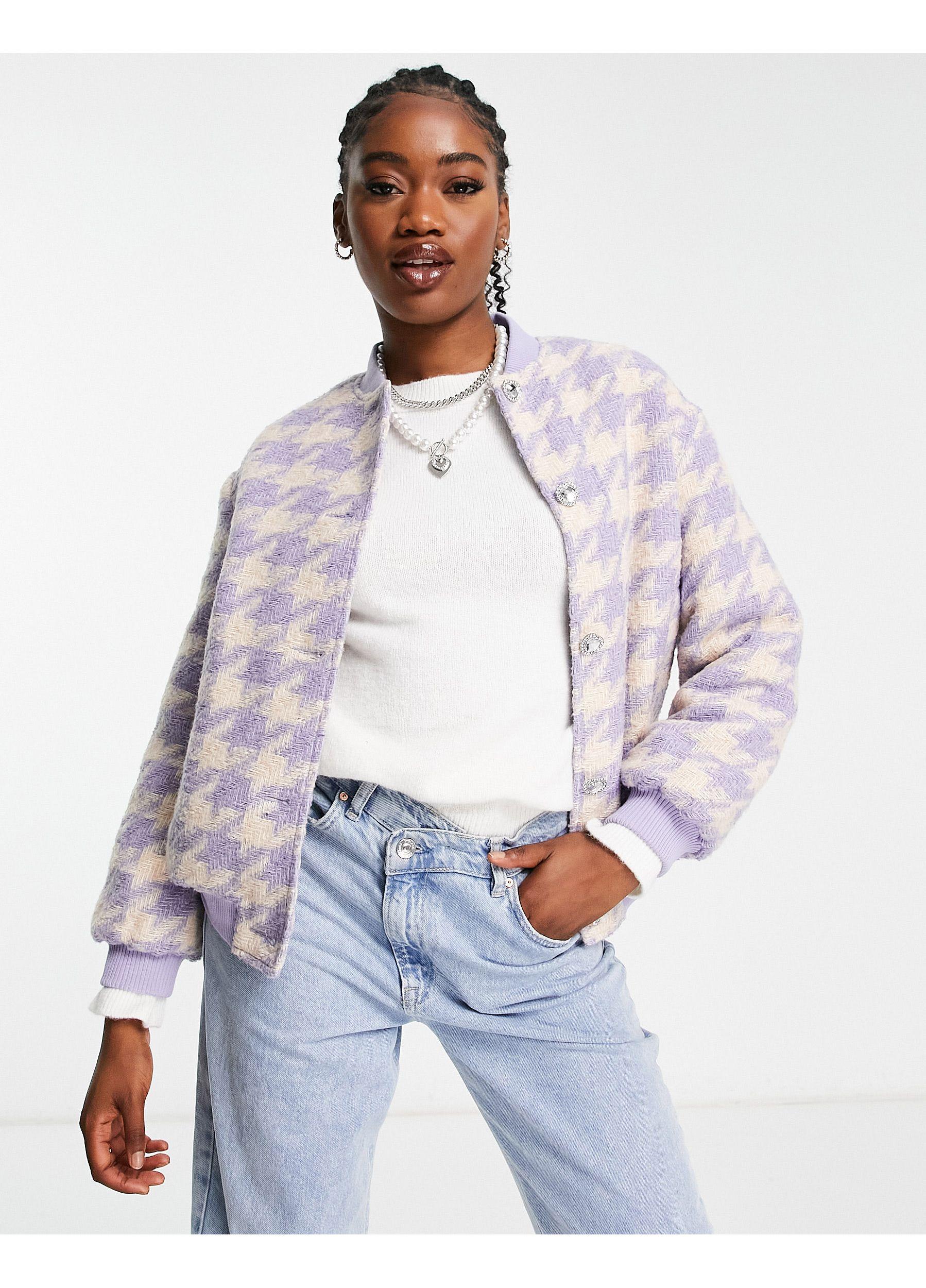 Miss Selfridge Houndstooth Boucle Bomber Jacket With Diamonte Heart