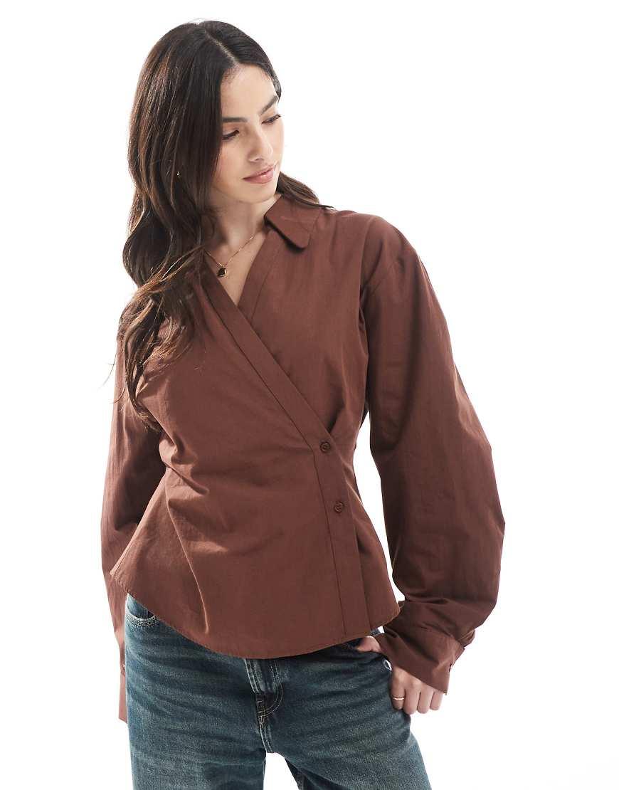 ASOS Wrap Shirt With Cocoon Sleeve in Brown Lyst UK