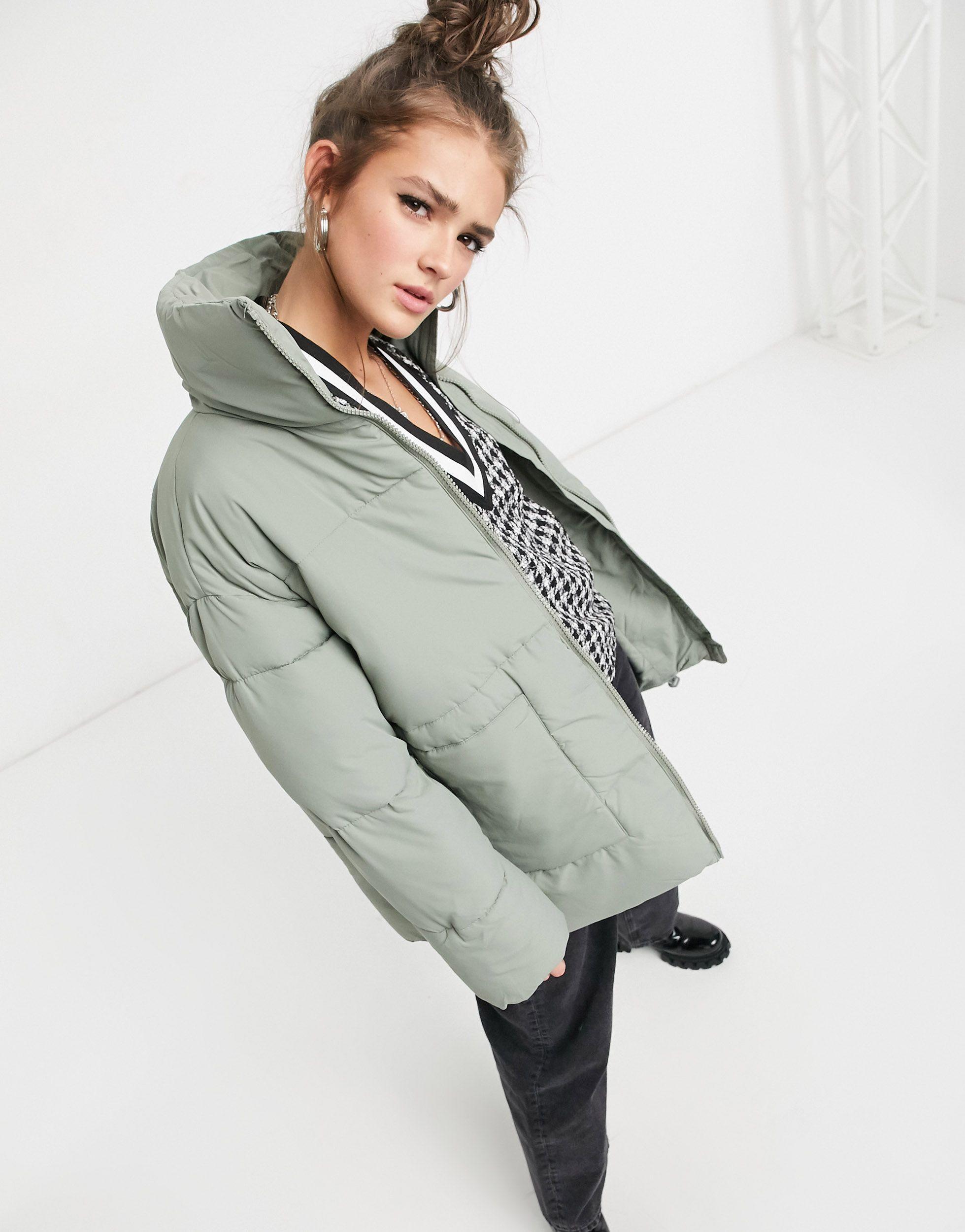 Monki Bea Recycled Mid Length Padded Jacket, Plain Pattern in Green - Lyst