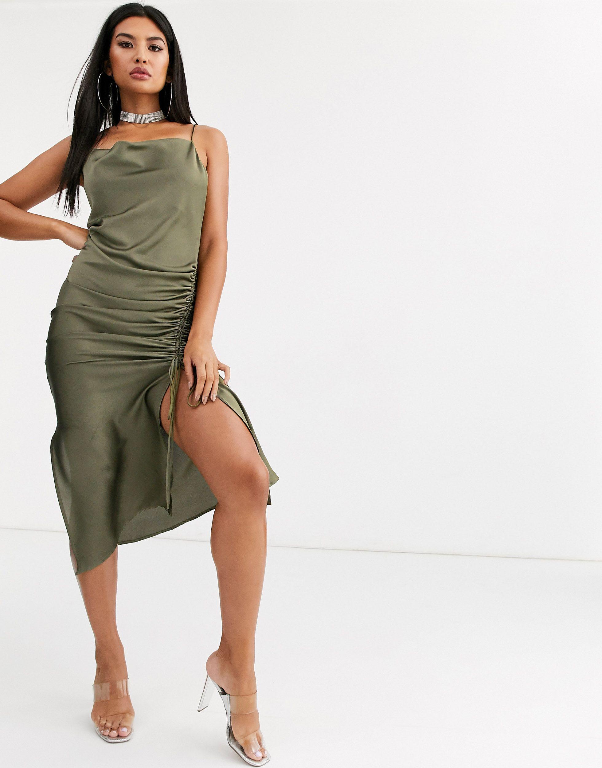 Public Desire Synthetic Midi Cami Dress With Cowl Neck And Ruching in Green  - Lyst