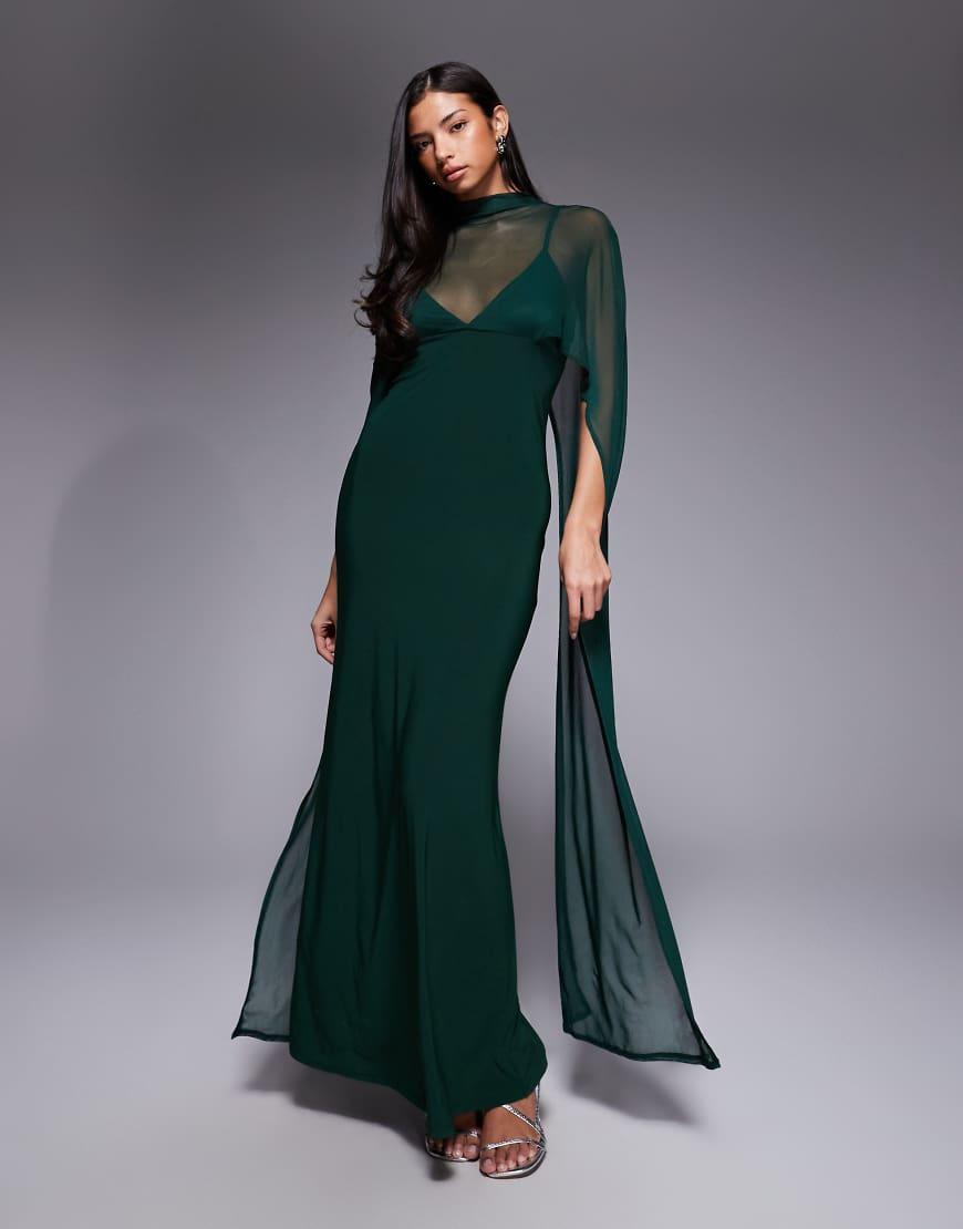 asos design cape detail pleated maxi dress in green exaggerated Satin convertible dress