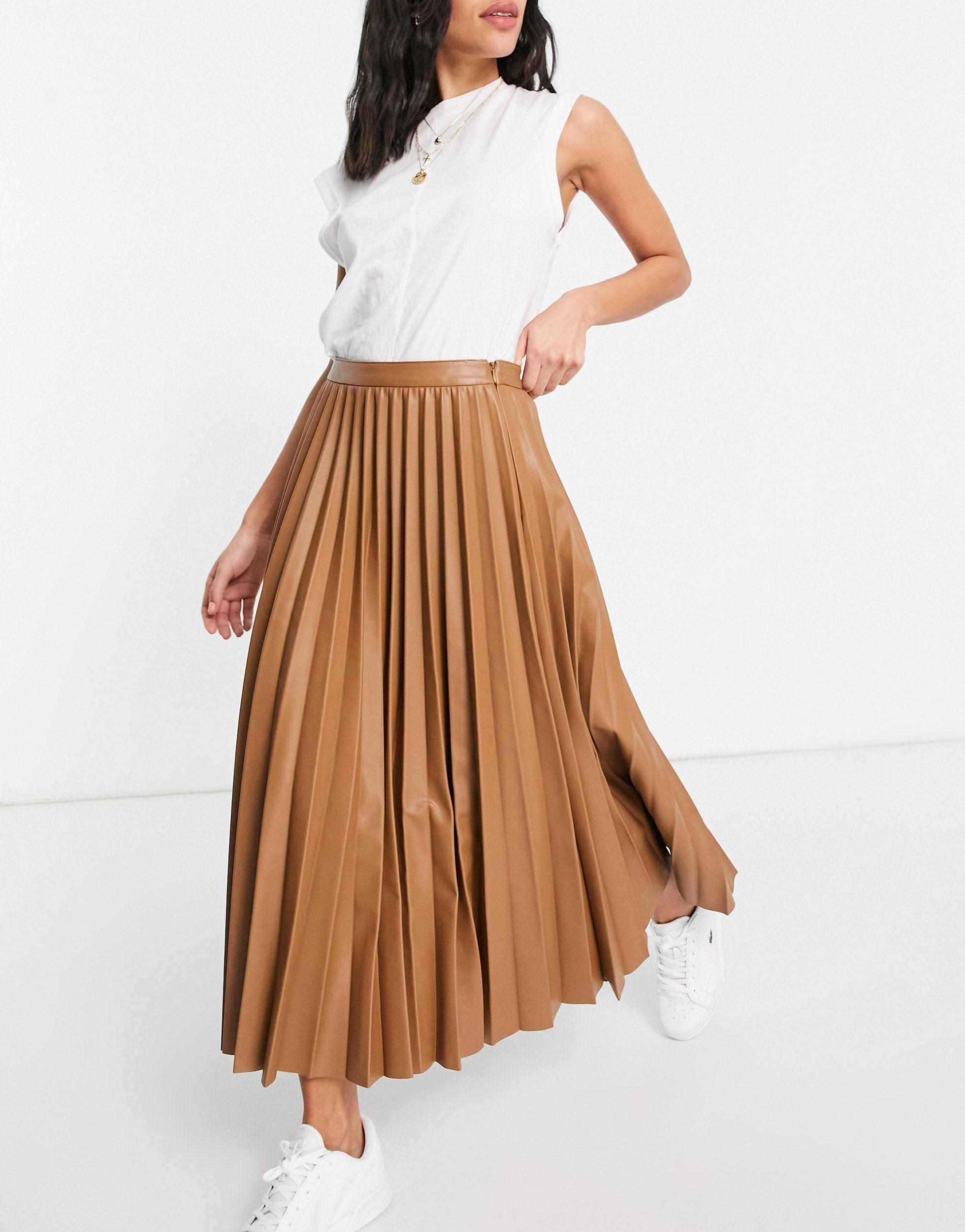 Mango Pleated Faux Leather Midi Skirt in Brown | Lyst