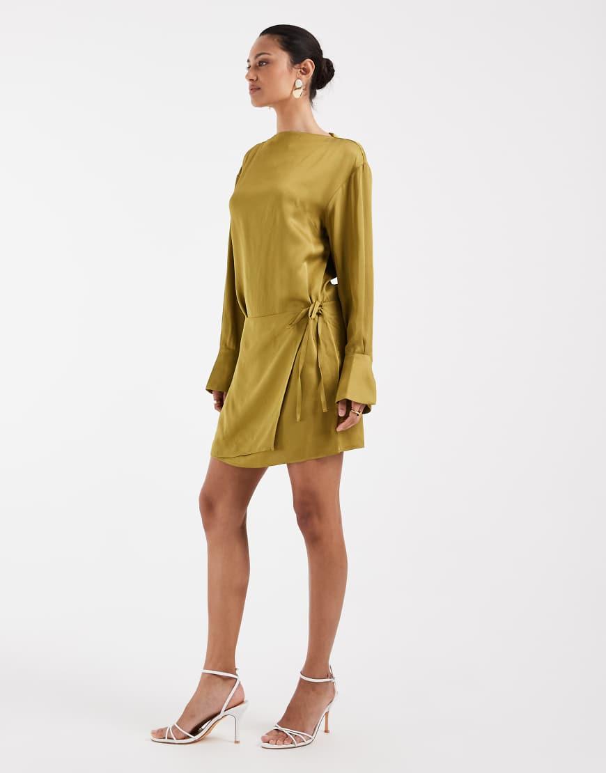 long sleeve a line dress short High Neck Sleeves Lace Appliques Pleated A-Line Wedding More new style CALVIN KLEIN A-Line Hi-Lo Colour:LEMON wedding dresses option set as picture