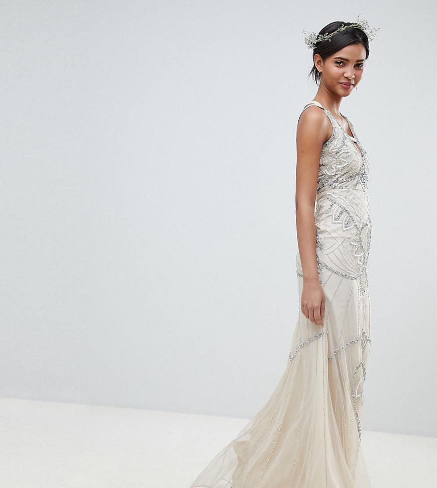 amelia rose vintage ruffle maxi dress with soft baroque embellishment in cream