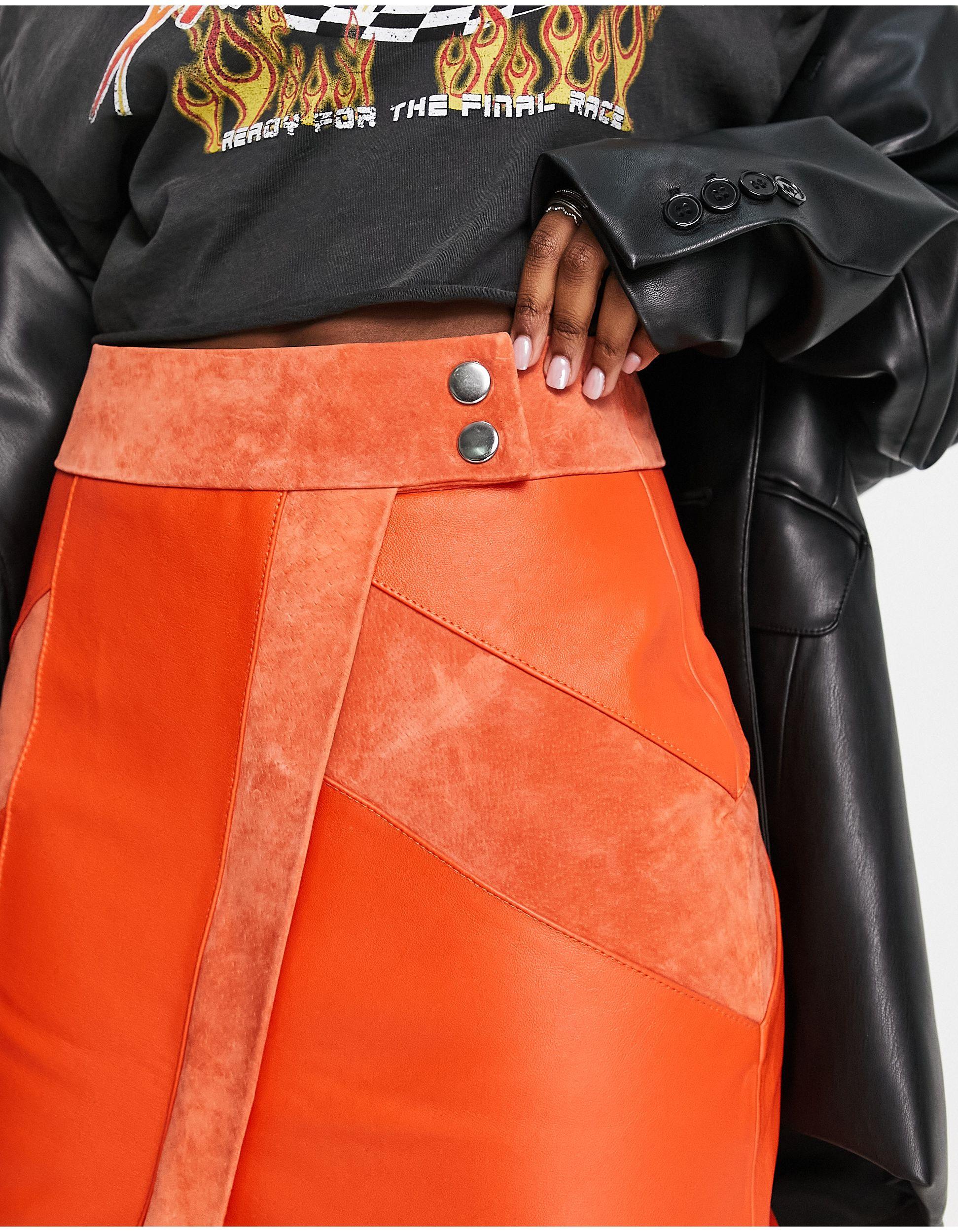 ASOS Leather Midi Skirt With Contrast Panels in Orange | Lyst