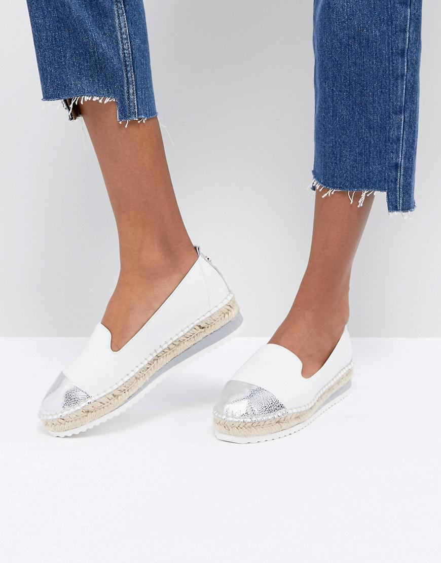 Dune Slip White Leather Espadrilles With Silver Toe Cap - Lyst