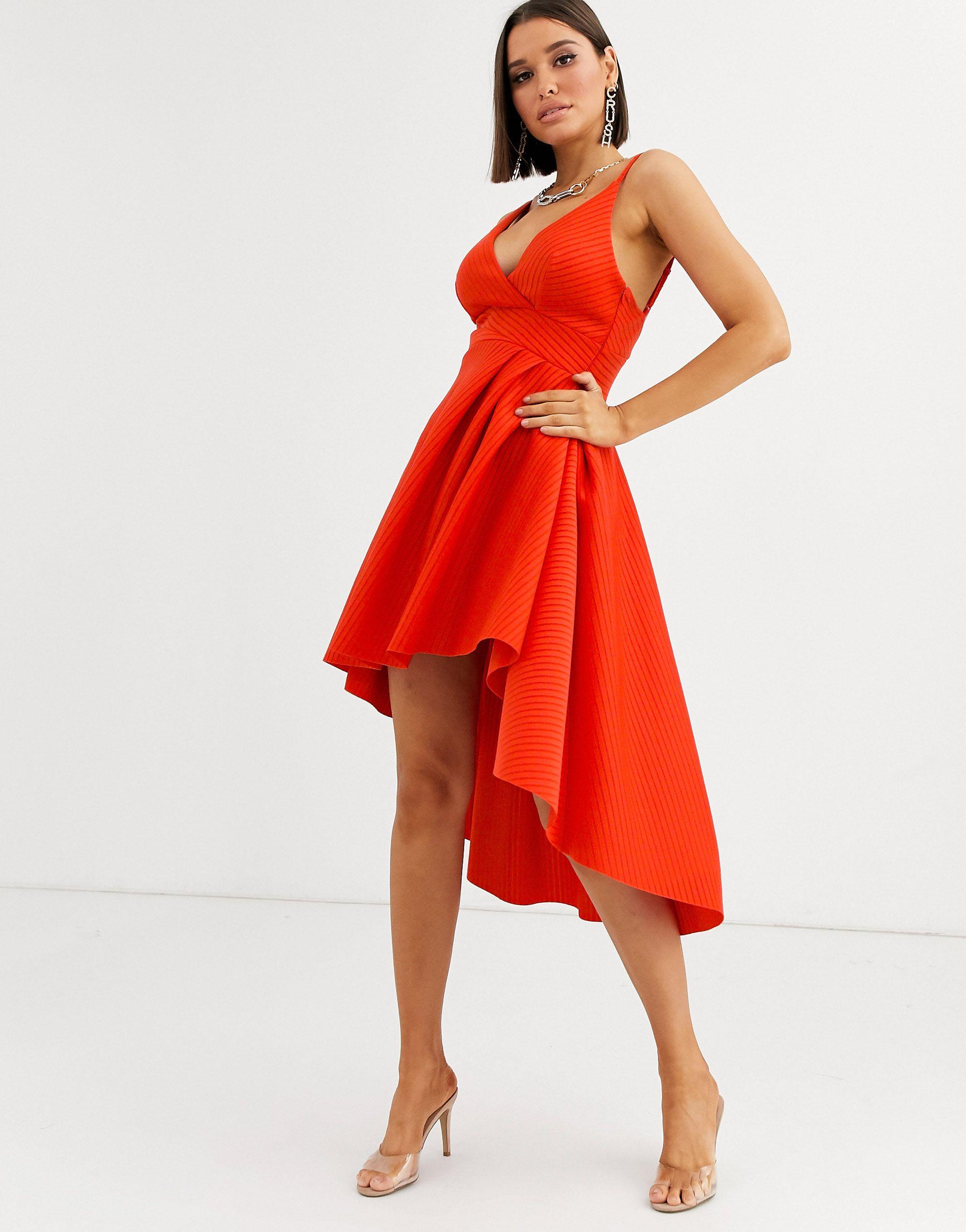 Asos Synthetik Gestreiftes Midi Ballkleid Mit One Shoulder Trager Und Umgeschlagenem Detail In Rot Lyst