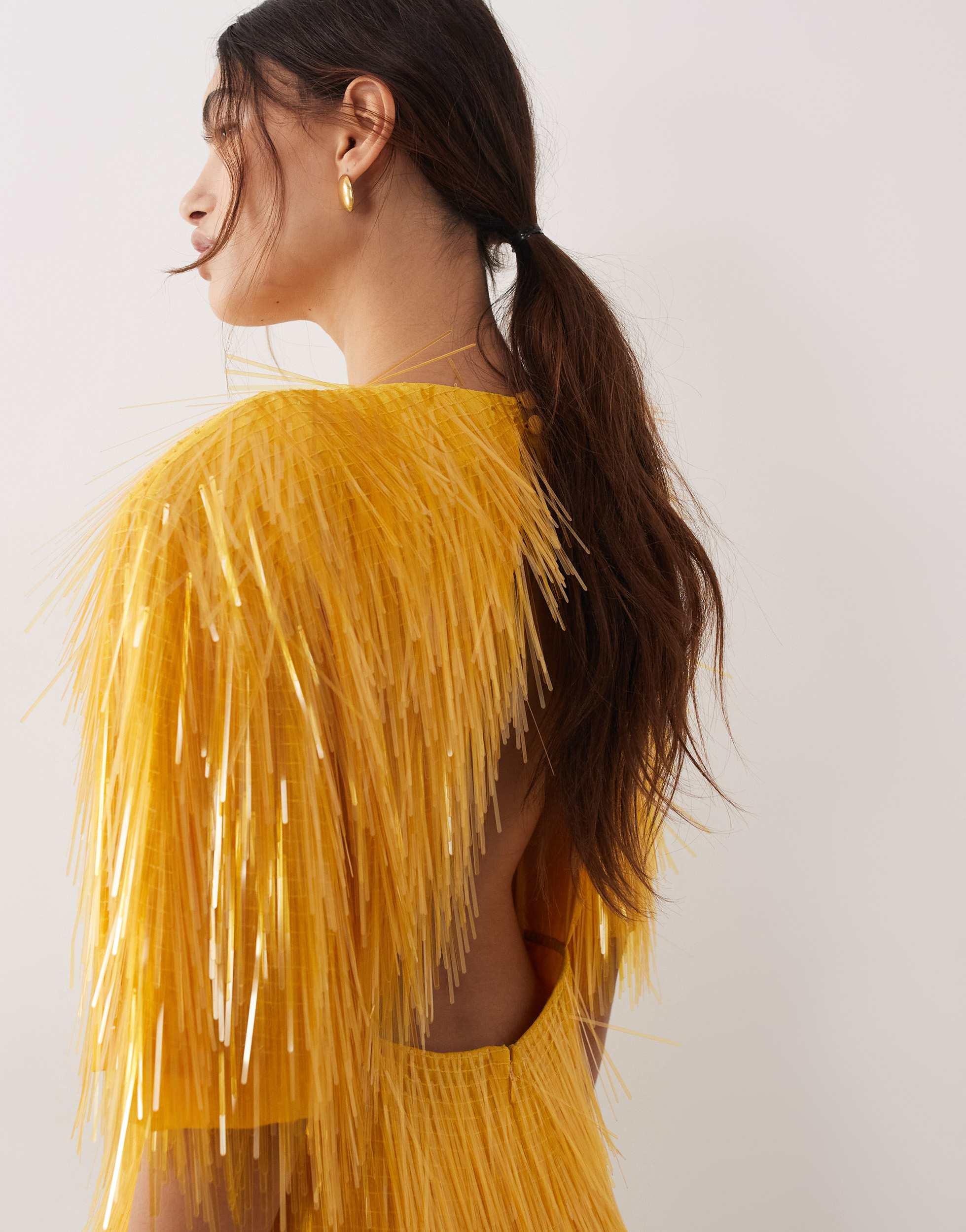 arrange yellow sequin dress ARRANGE Curve embellished disc sequin square neck full skirt midi dress in lemon-Yellow