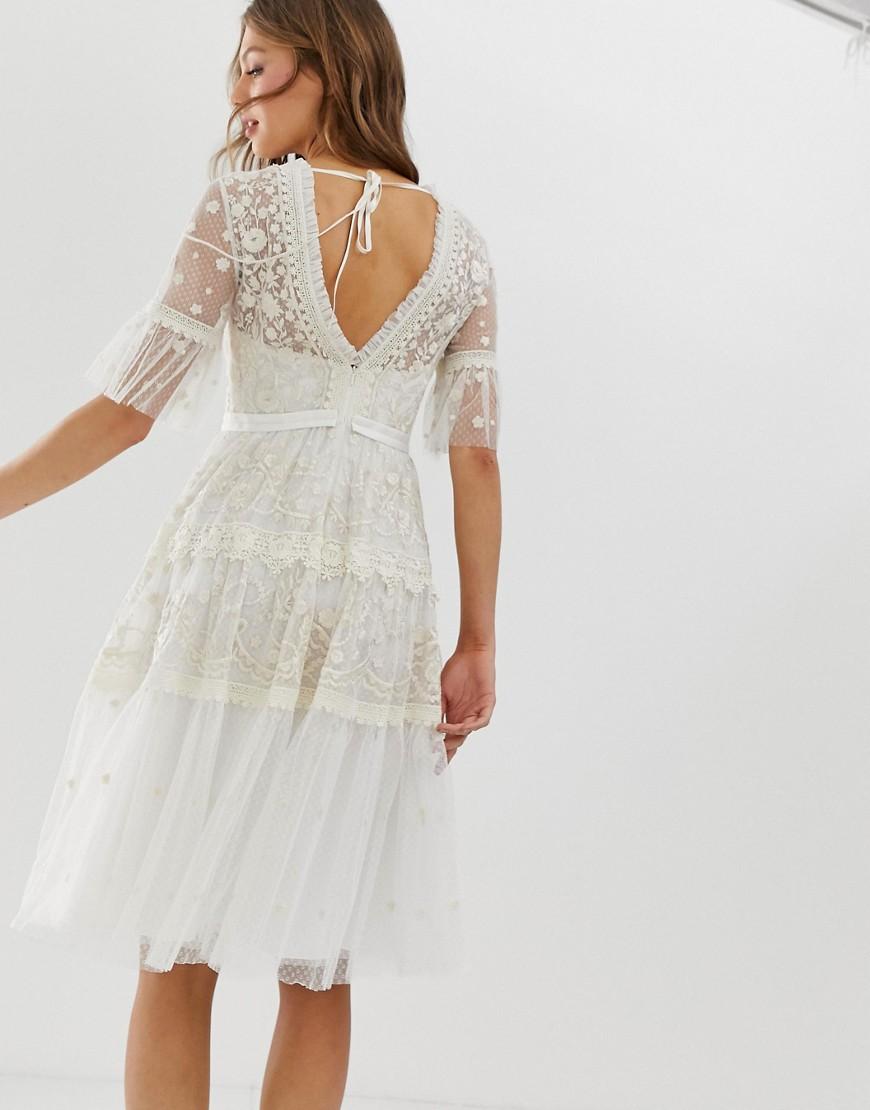 Needle & Thread Tulle Embroidered Midi Dress With Flutter Sleeve In