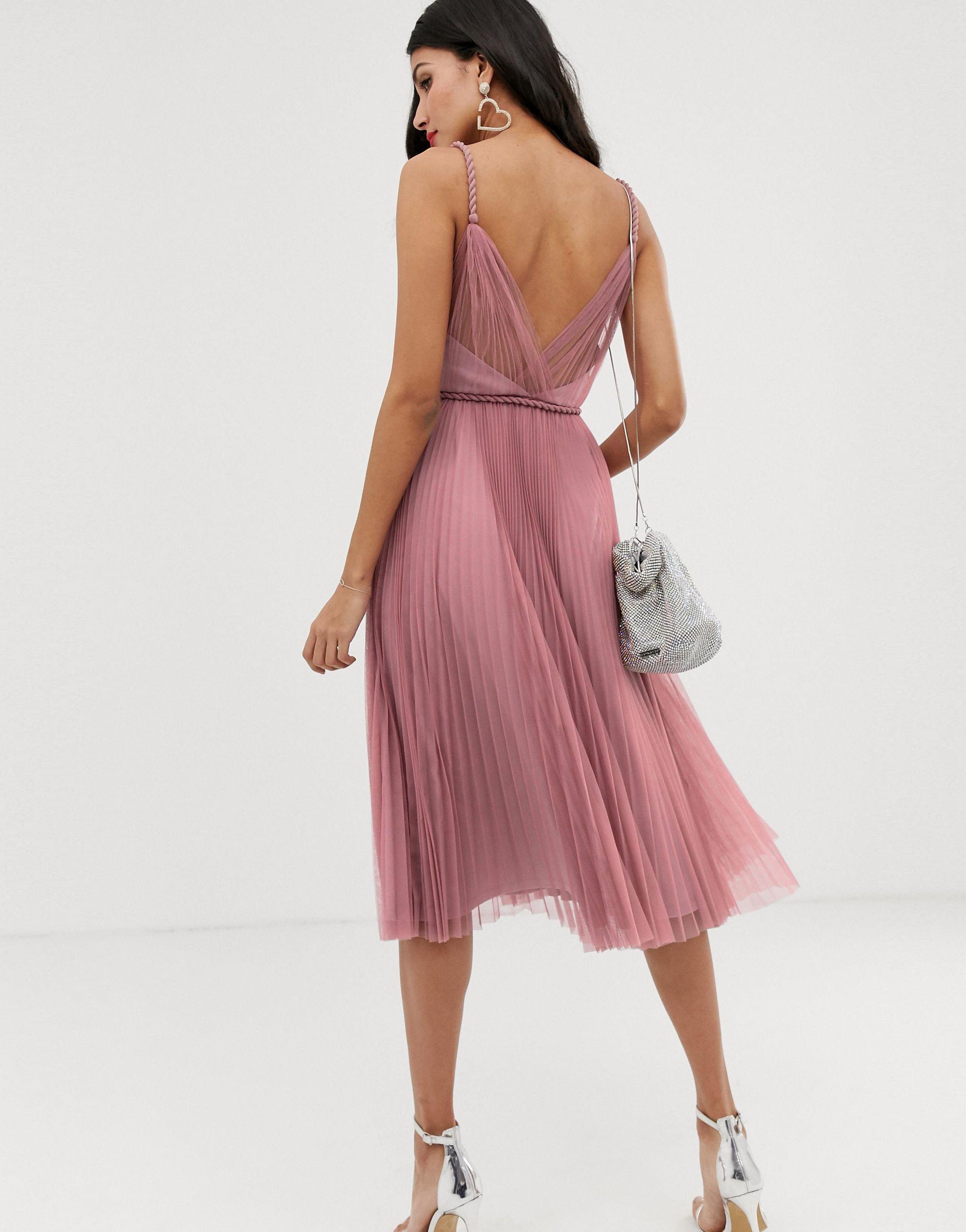 ASOS Asos Design Tall Pleated Tulle Midi Dress With Twist Detail in Pink |  Lyst