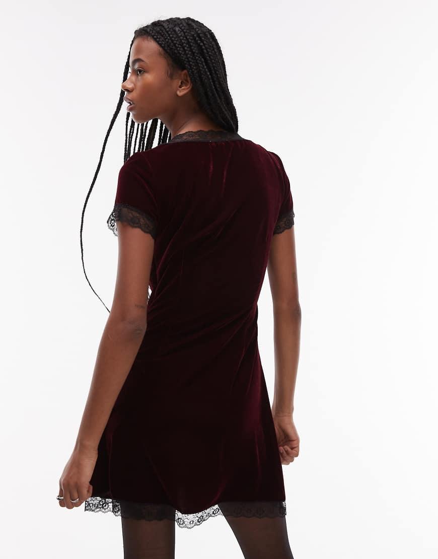 TOPSHOP Velvet Tea Dress Mini With Lace Edge Trim in Red | Lyst UK