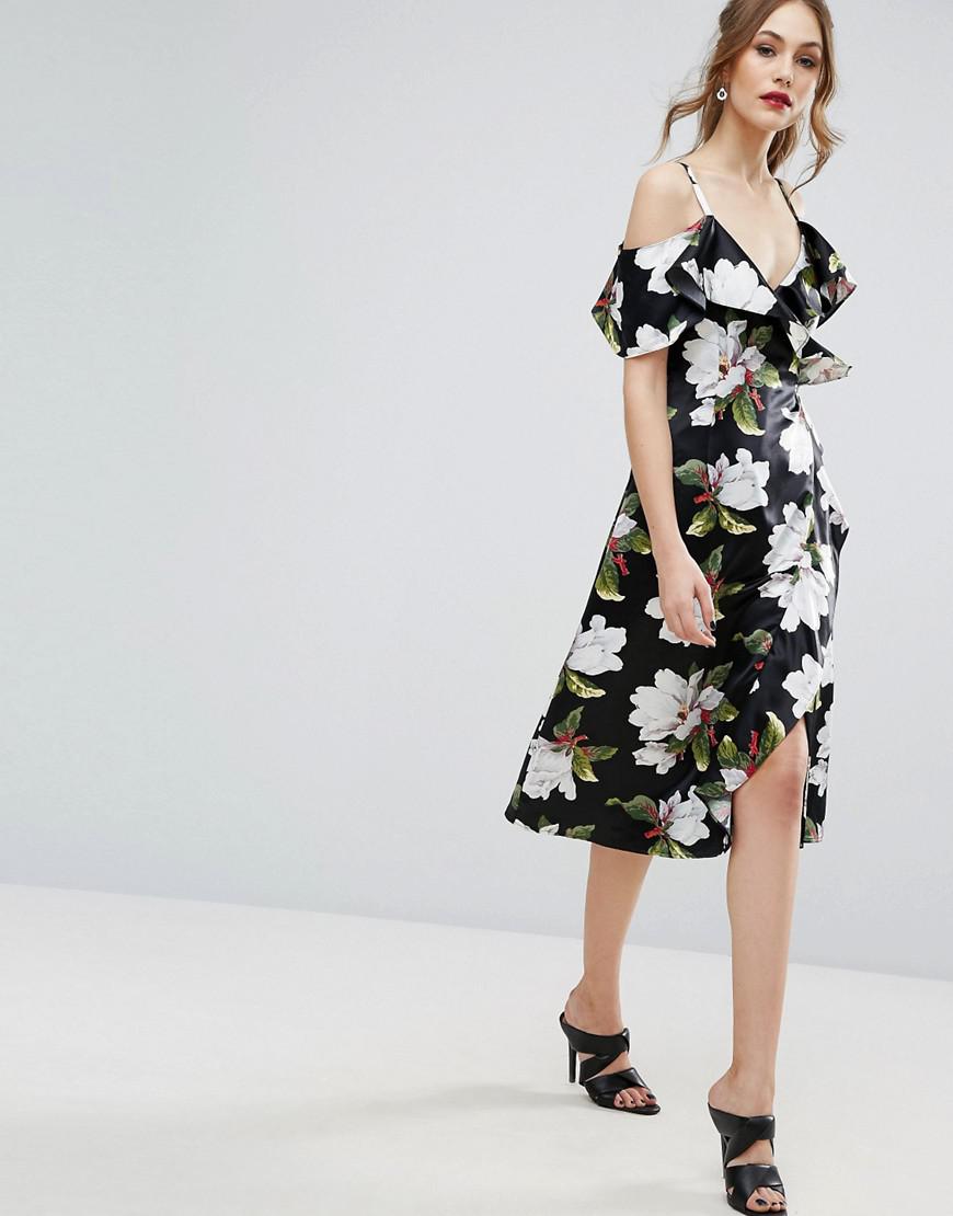 Warehouse Floral Cold Shoulder Wrap Midi Dress in Black | Lyst