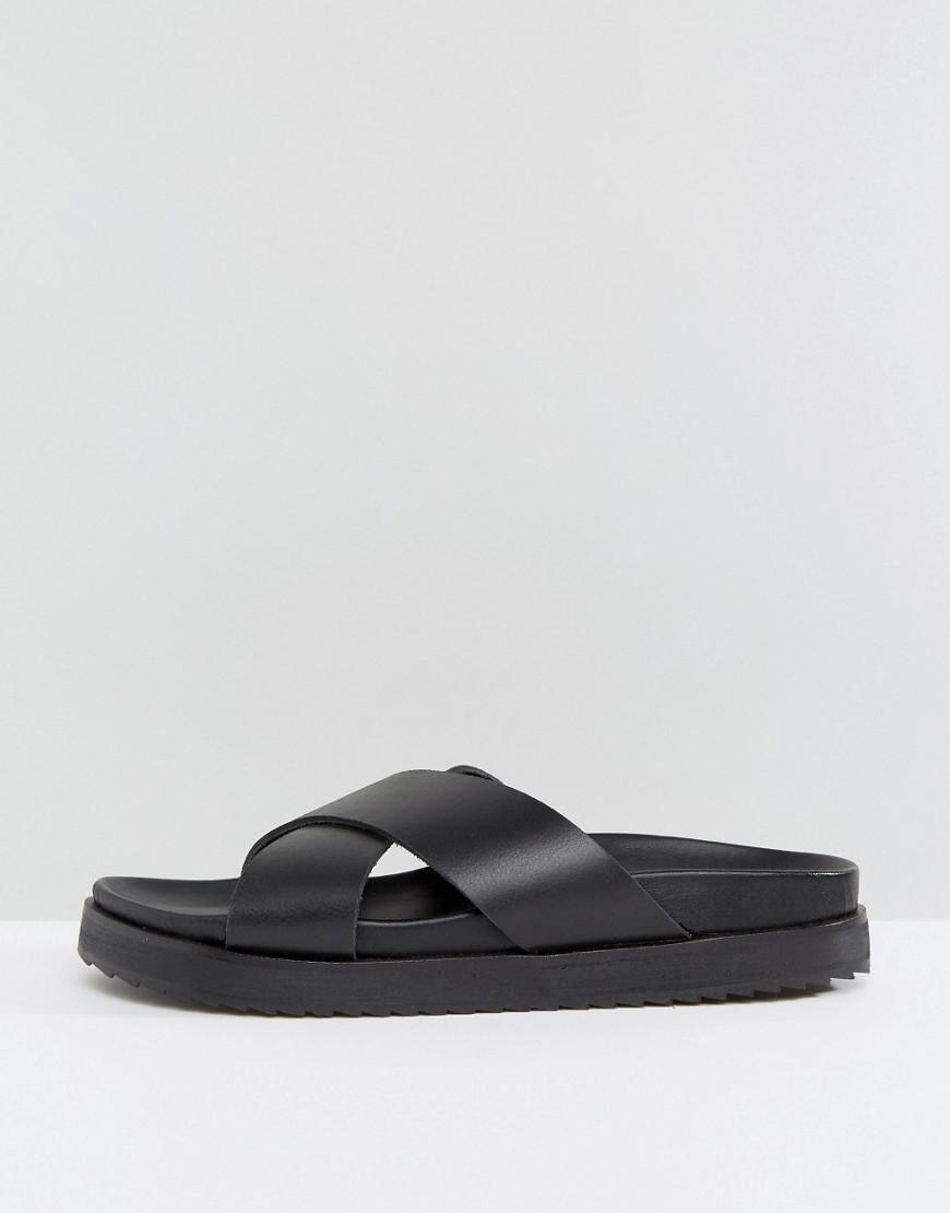 ASOS Cross Over Strap Slide Sandals In Black Leather for Men - Lyst