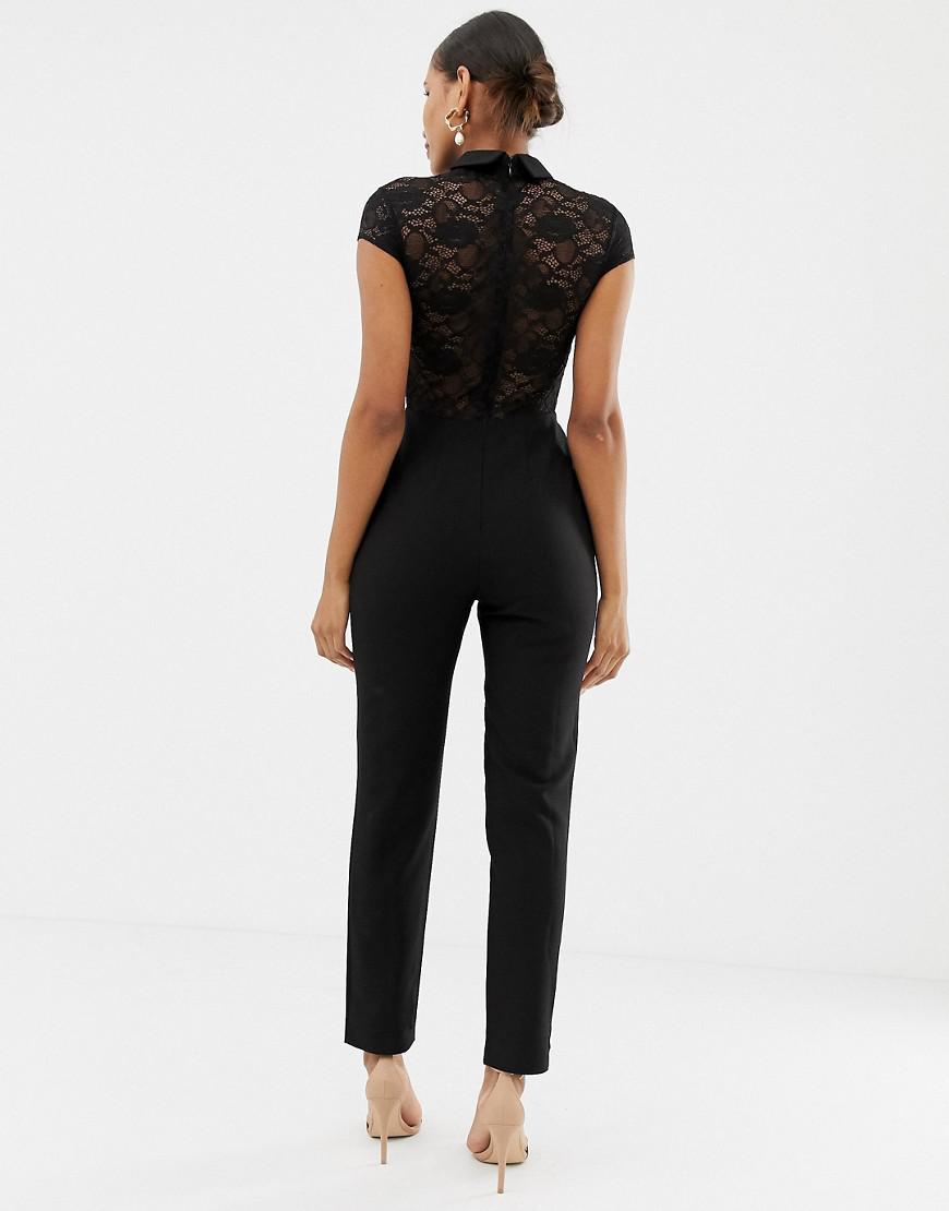ASOS Lace Top Jumpsuit With Collar in Black - Lyst