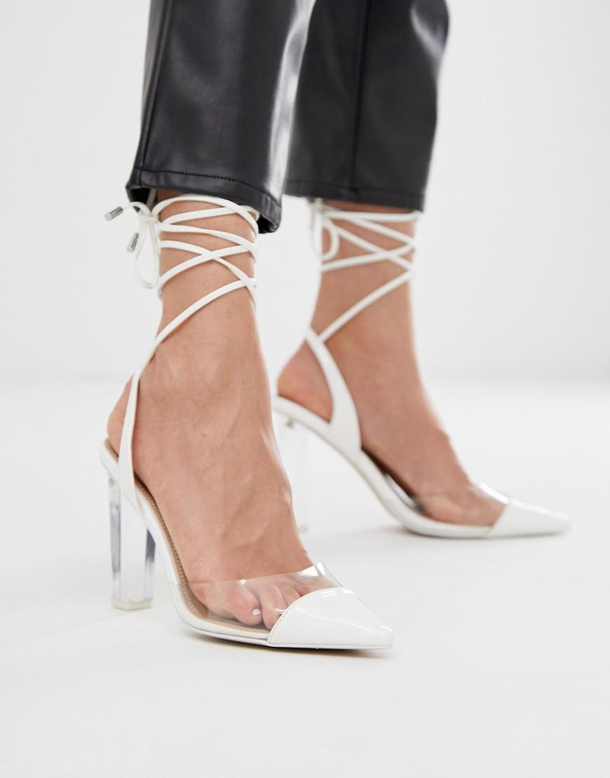Pucker Up Tie Leg Pointed High Heels In Whiteclear DESIGN Wide Fit Penalty pointed high heels in 2019 | Shoes
