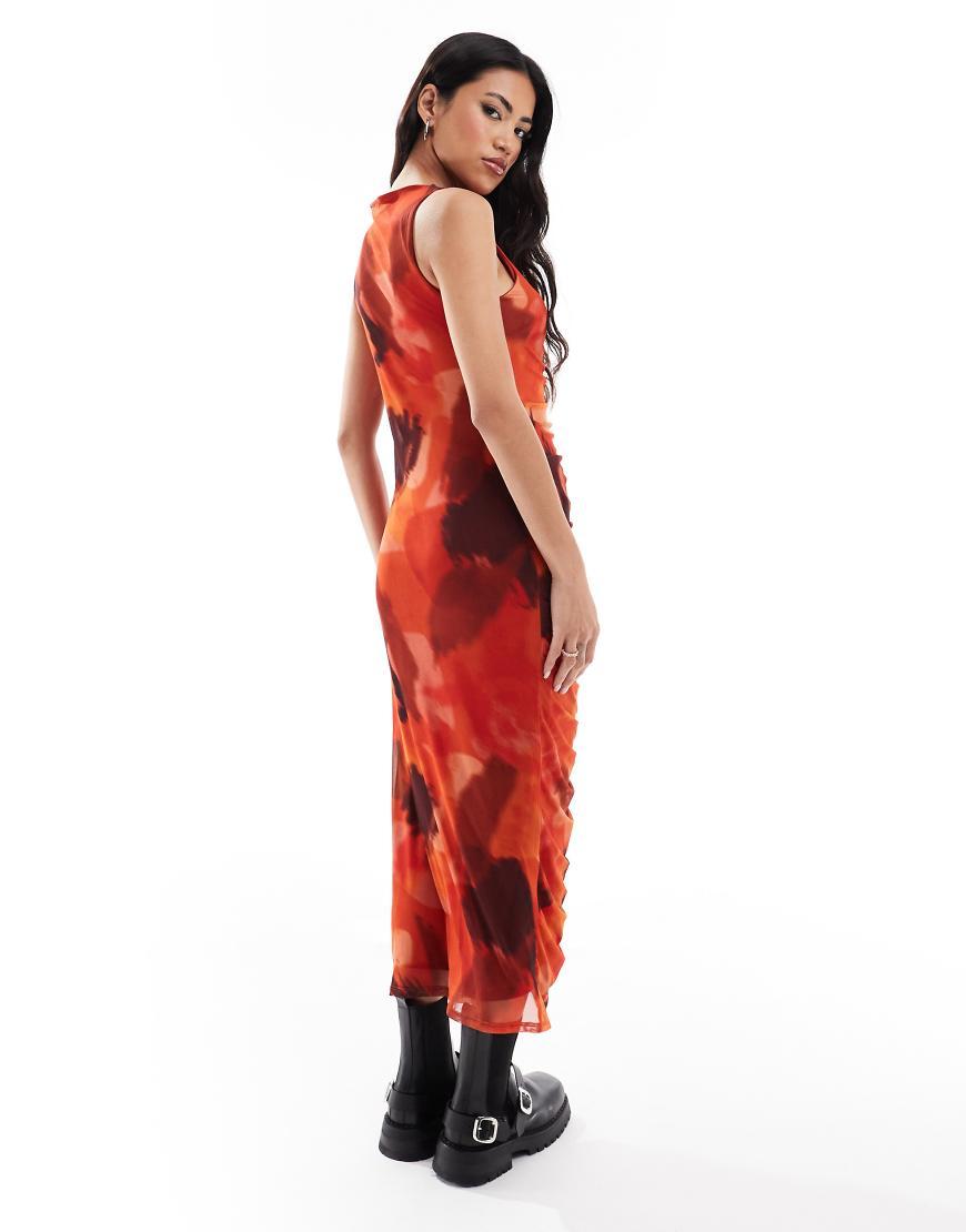 River Island Ruched Floral Print Mesh Midi Dress in Red Lyst UK - Main Image