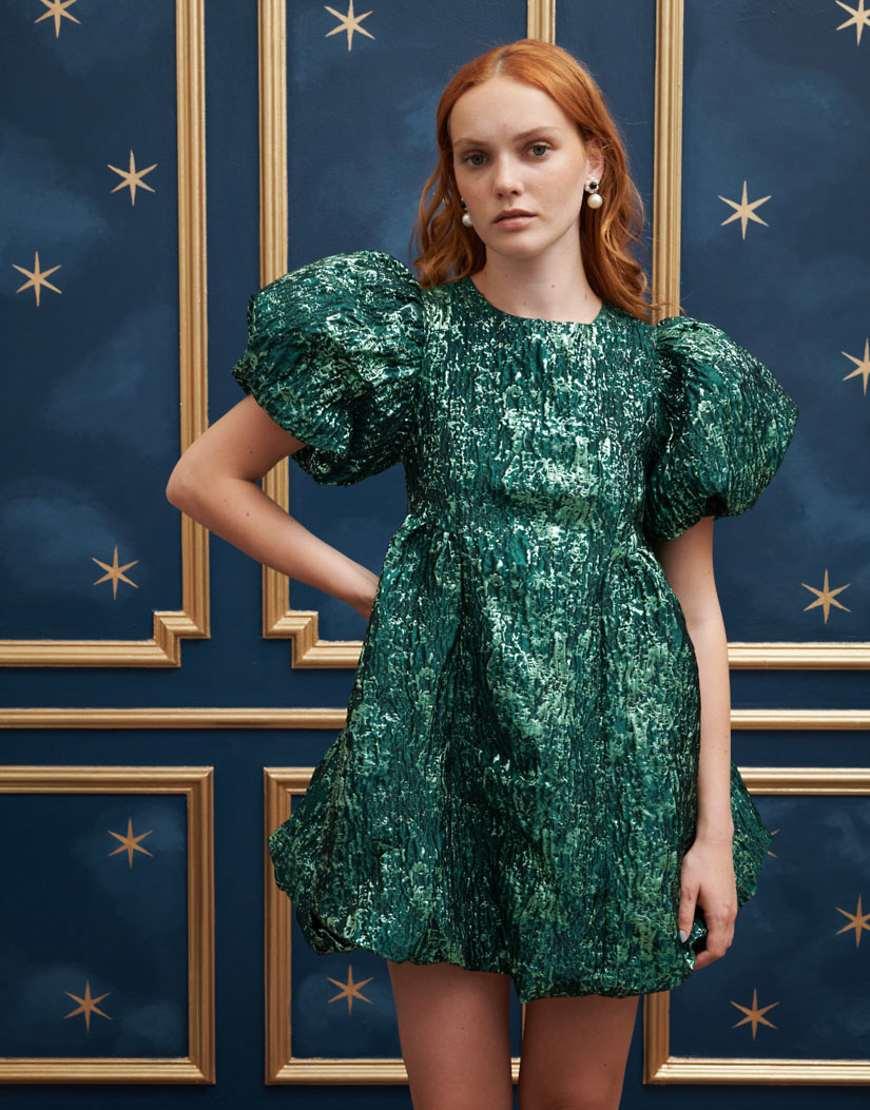 Sister Jane Puff Sleeve Mini Jacquard Dress in Green | Lyst UK