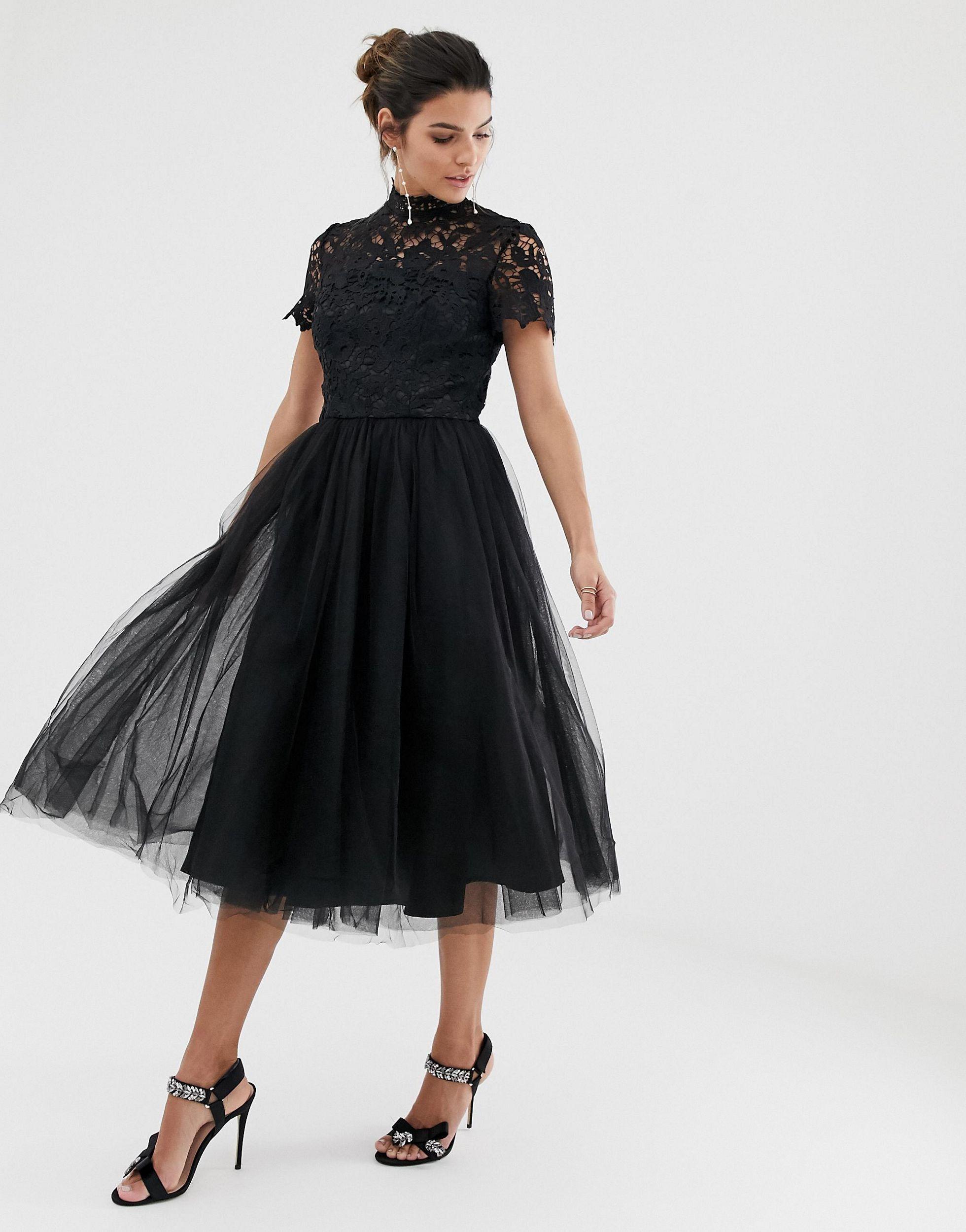 Chi Chi London High Neck Lace Midi Dress With Tulle Skirt in Black | Lyst  Canada