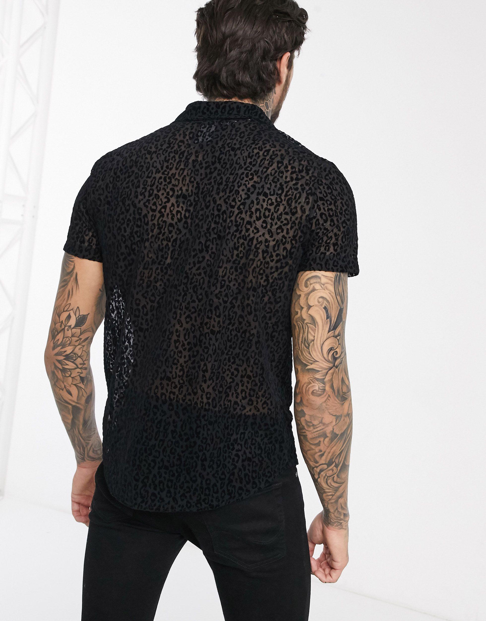 BoohooMAN Sheer Flocked Leopard Shirt Sleeve Shirt in Black for