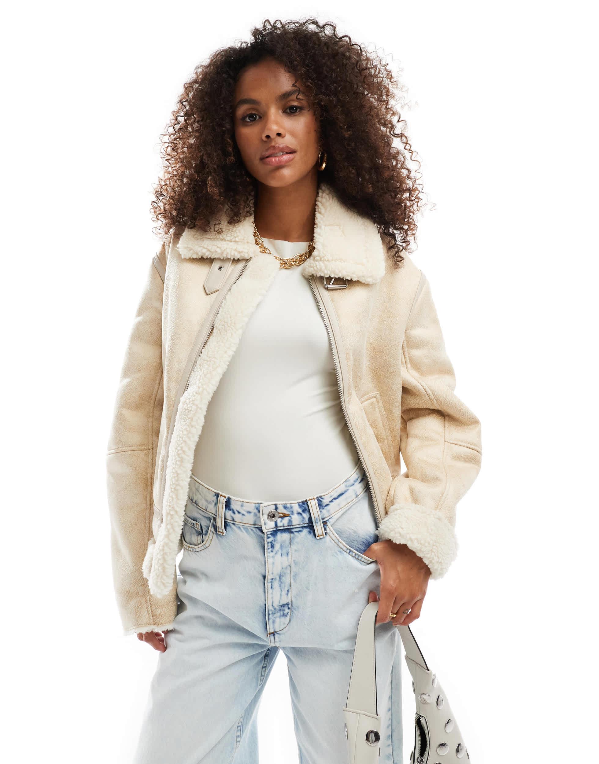 Bershka Shearling Trim Aviator Jacket in White Lyst