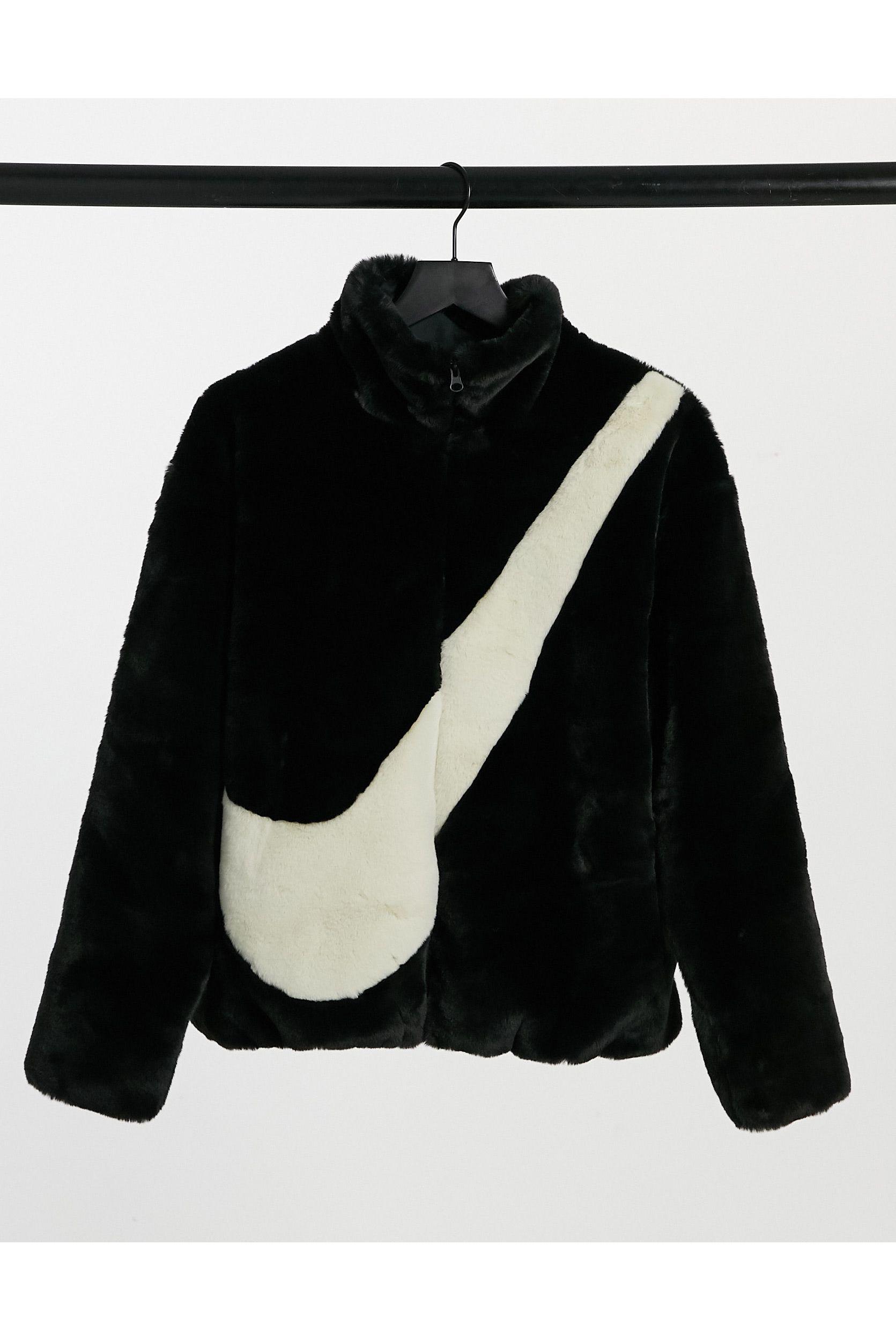 Nike Faux Fur Oversized Swoosh Jacket in Black | Lyst
