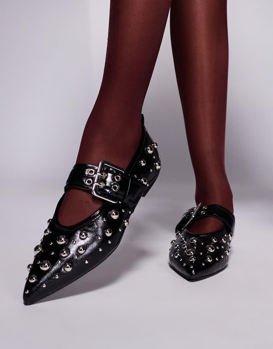 River Island Pointed Mary Jane Ballet Flats With Studded Detail in