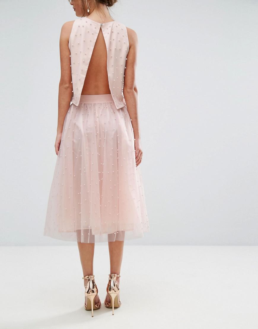 Little Mistress Faux Pearl Embellished Tulle Midi Skirt in Pink | Lyst