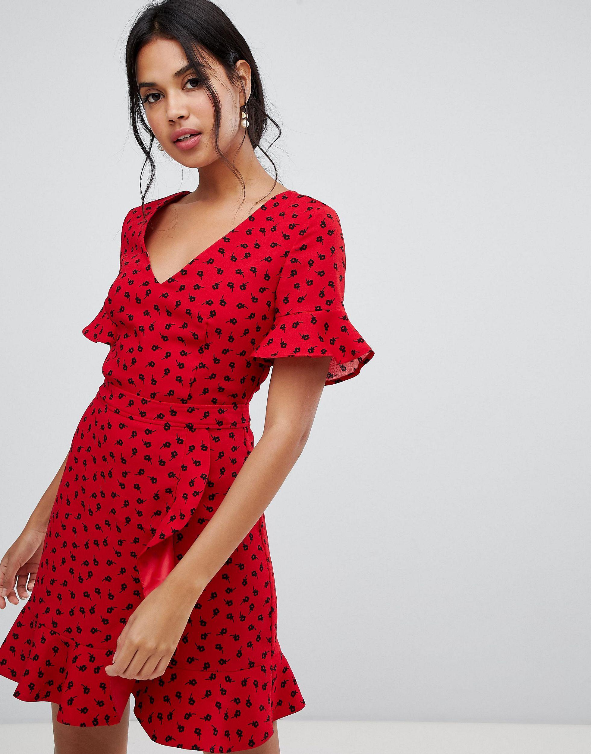 oasis red crepe frill button dress