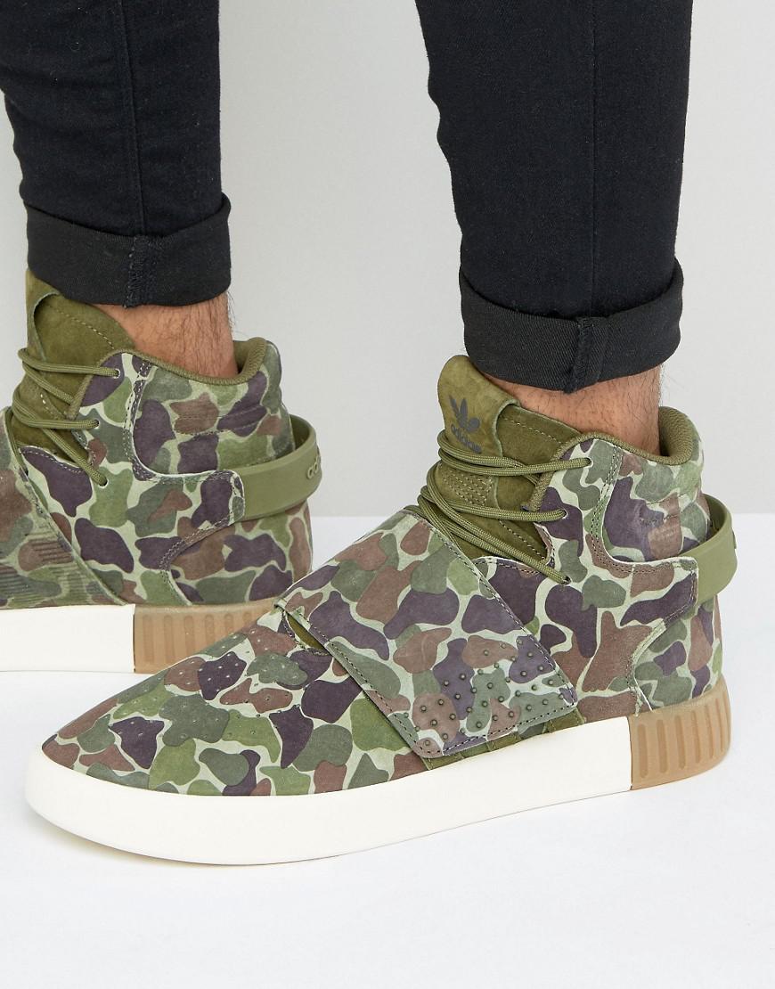 adidas Originals Leather Tubular Invader Str Trainers In adidas Originals Tubular Invader Strap Camouflage Sneaker
