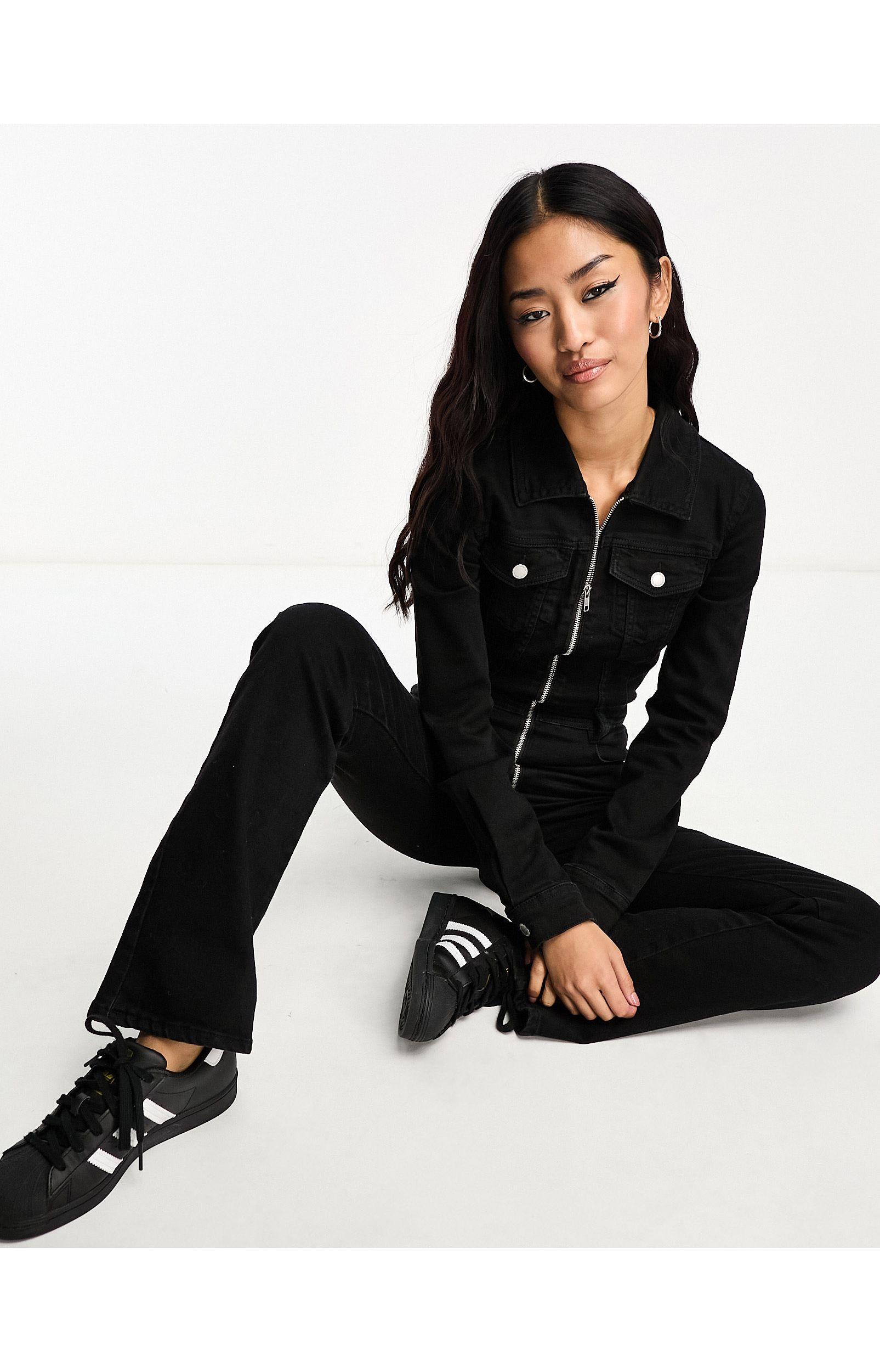 Pull Bear Denim Long Sleeve Jumpsuit in Black Lyst