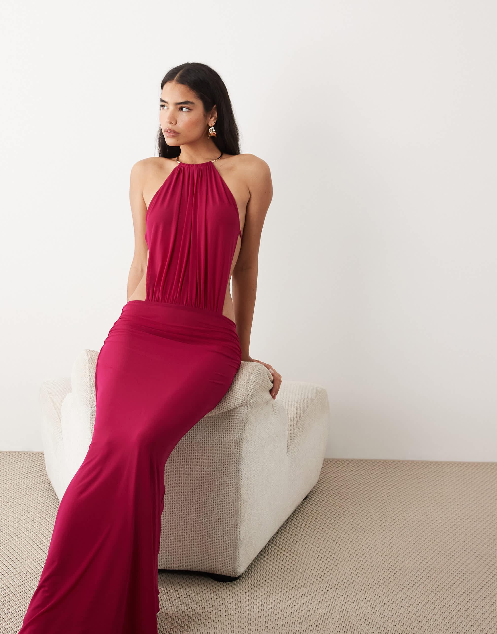 knee length dresses for ladies Elina Satin Necklace Maxi Dress / Red | Meshki main image 0