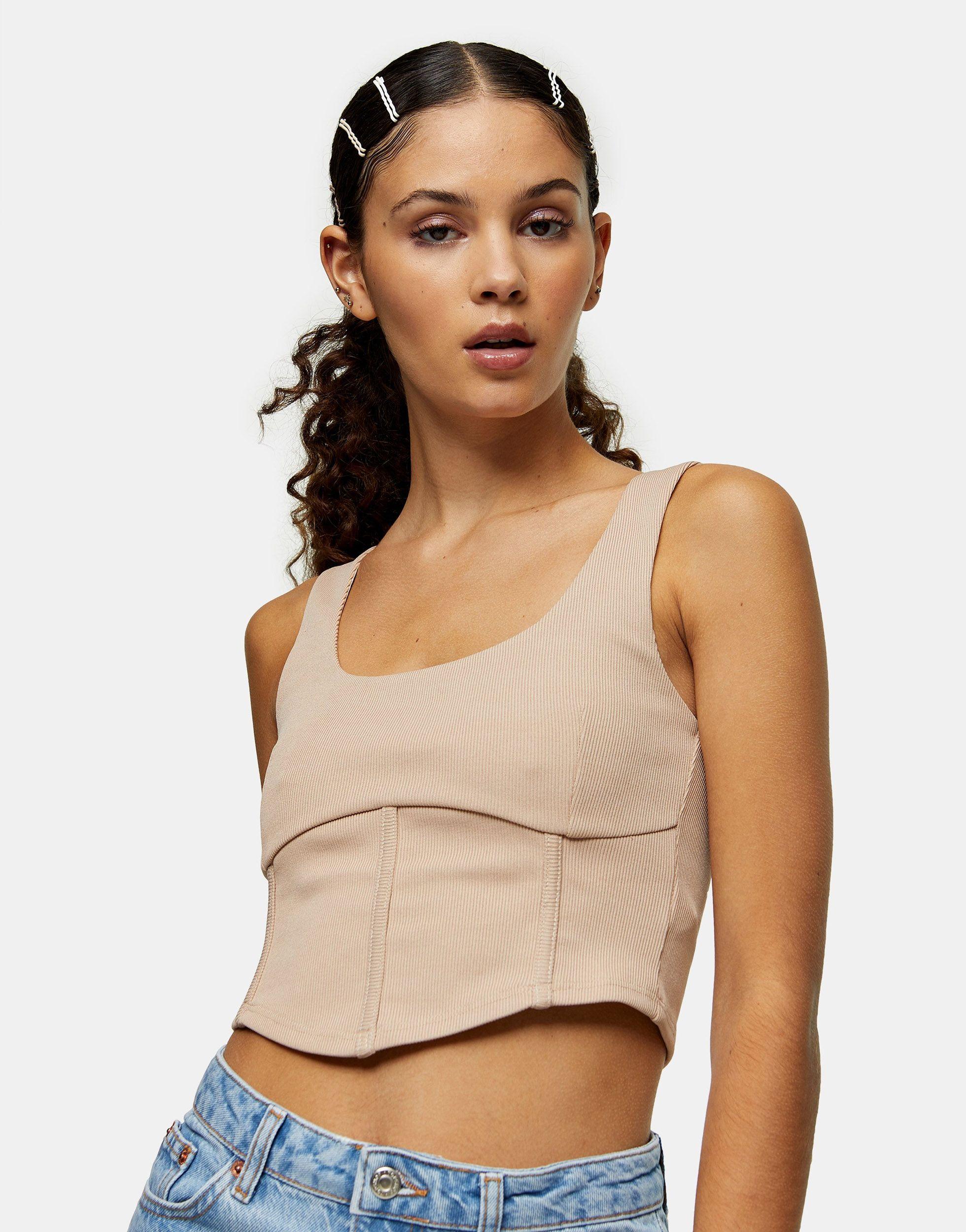 TOPSHOP Ribbed Corset Top in Brown | Lyst