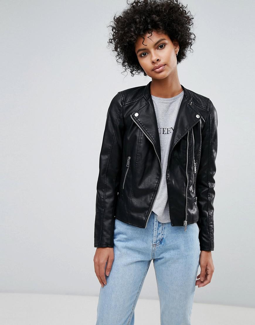 Vero Moda Faux Leather Biker Jacket In Black Lyst Vero Moda Women S Black Faux Leather Biker Jacket