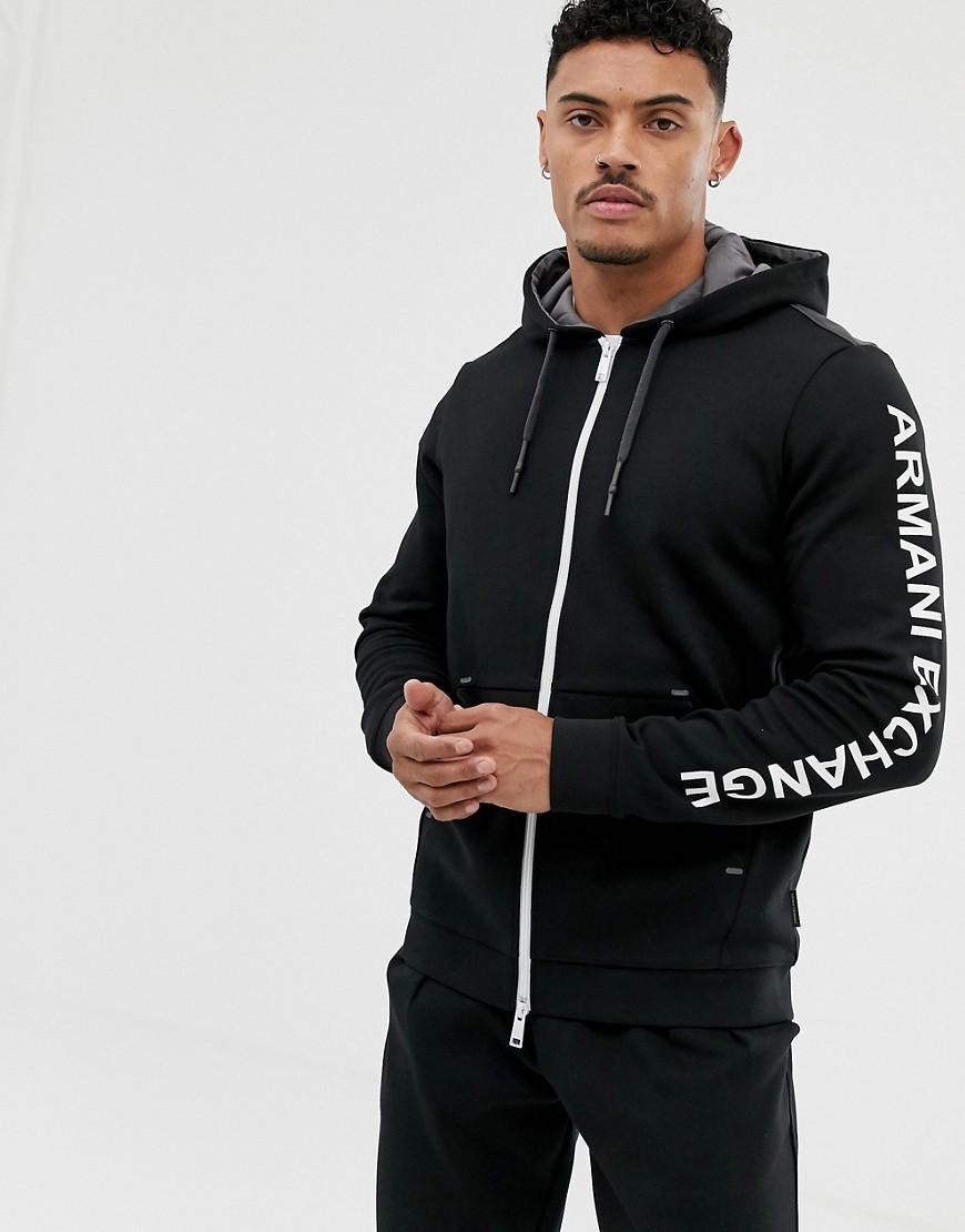 Armani Exchange Sleeve Logo Hooded Zip Through Sweat In Black for Men | Lyst