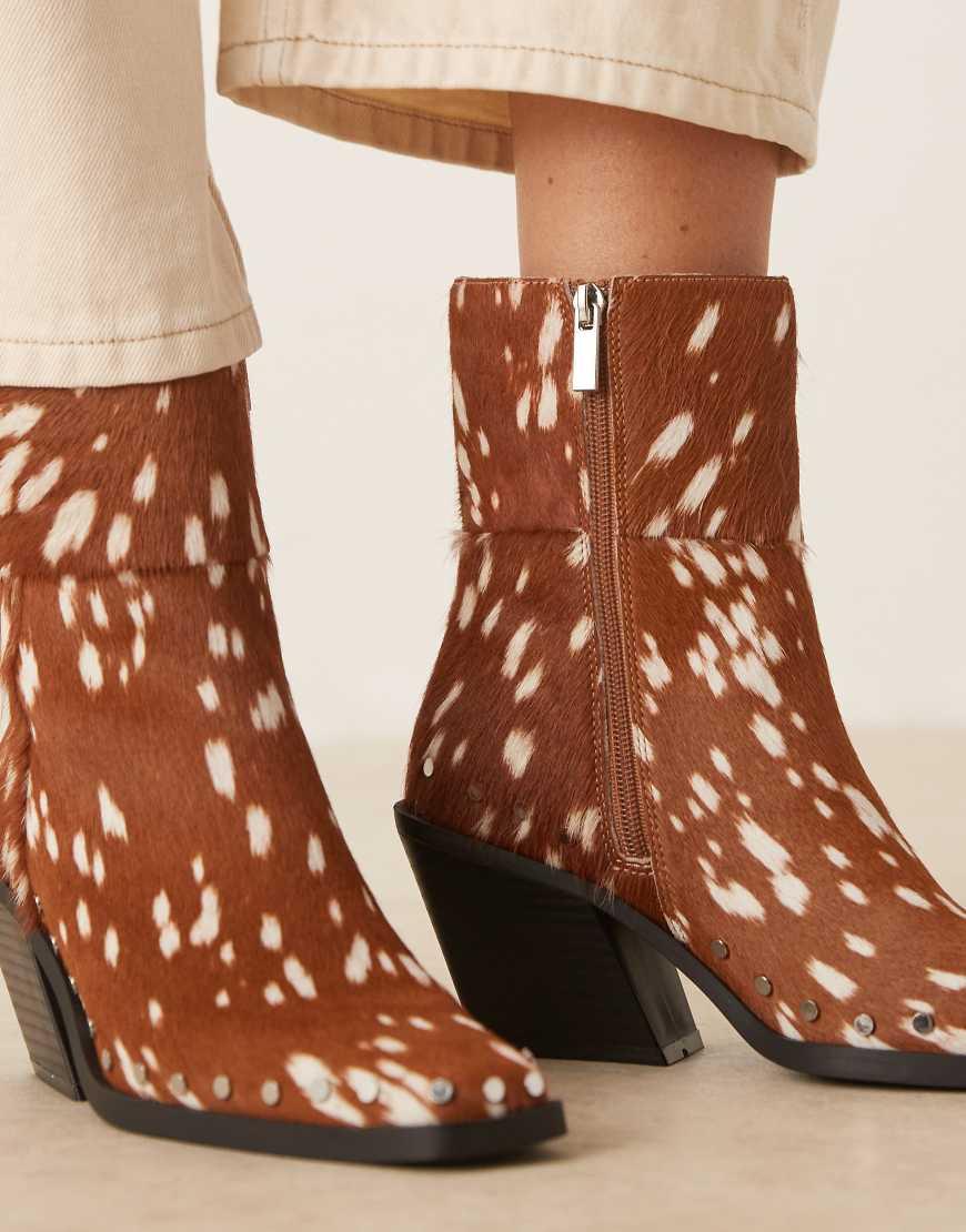 ASOS Elixir Pony Leather Western Studded Ankle Boots in Natural