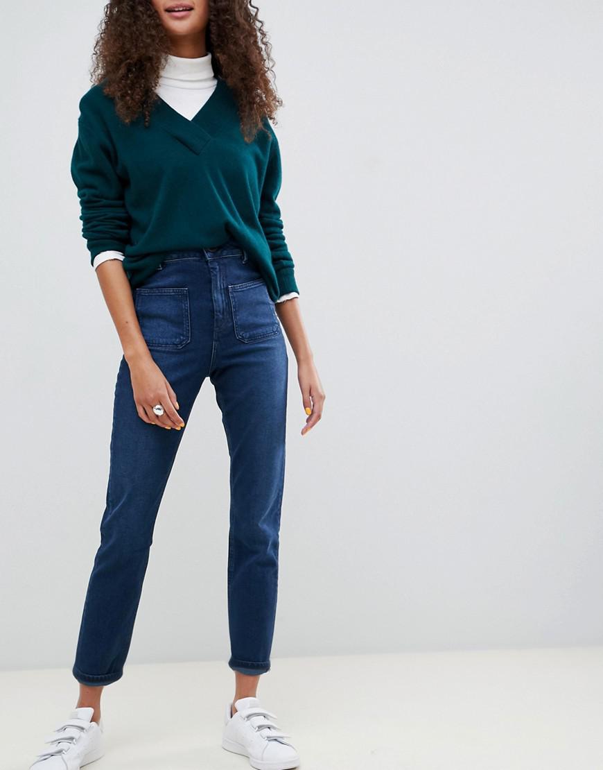 Lyst - Asos Farleigh High Waist Slim Mom Jeans In Dark Stonewash Blue With Patch Pockets in Blue