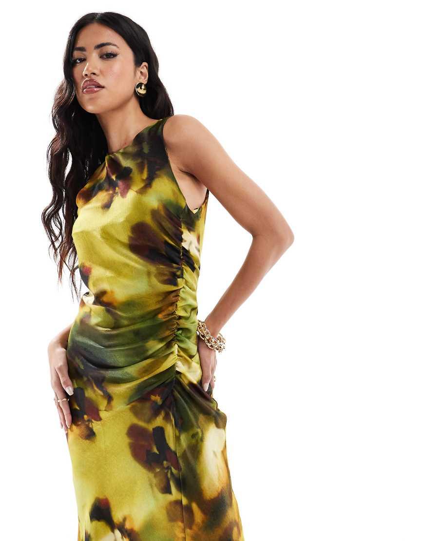 River Island Floral Print Ruched Midi Dress in Green Lyst UK