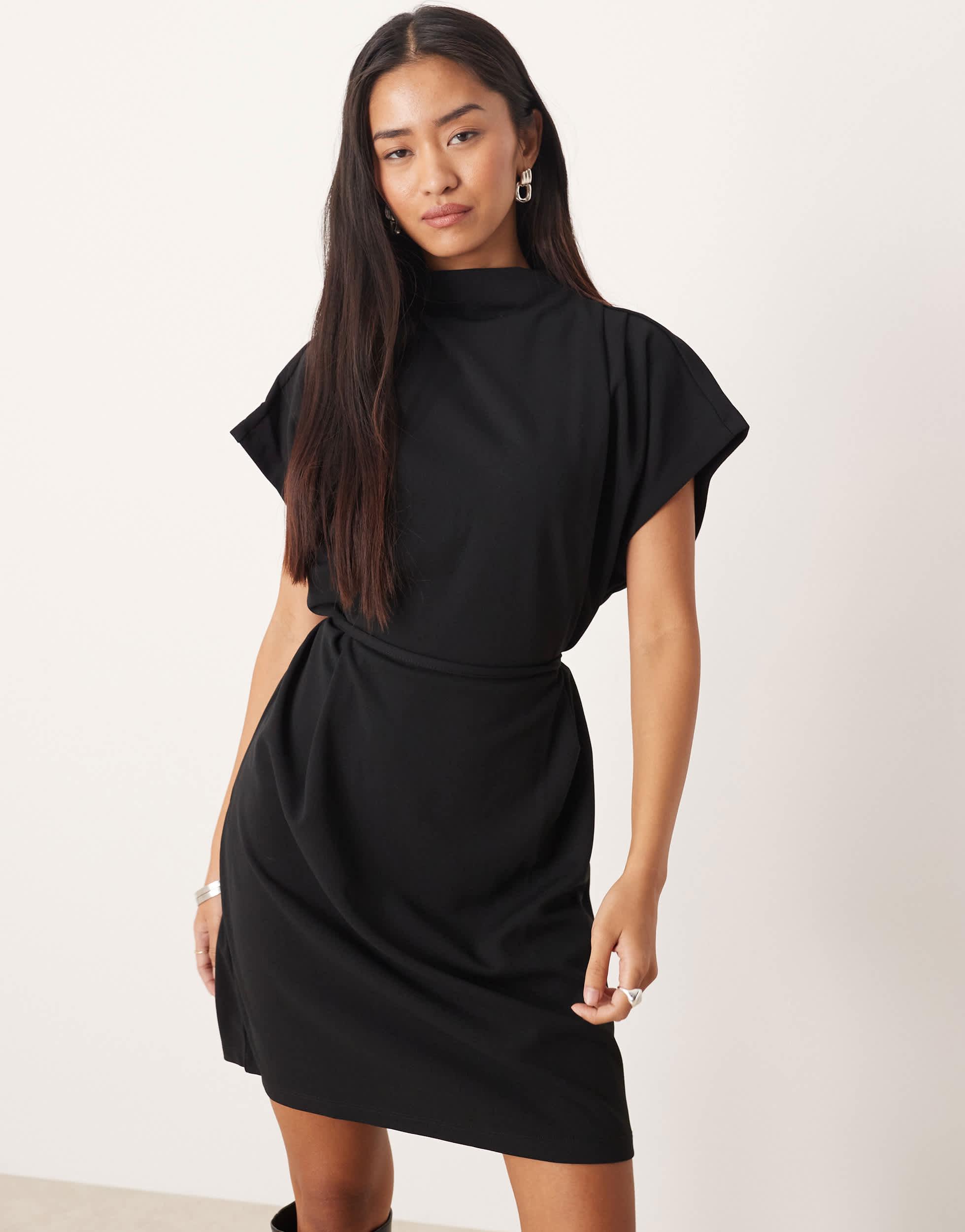 high neck tie waist dress CurveWow High Neck Tie Waist Mini Dress Black – Curvewow main image 0