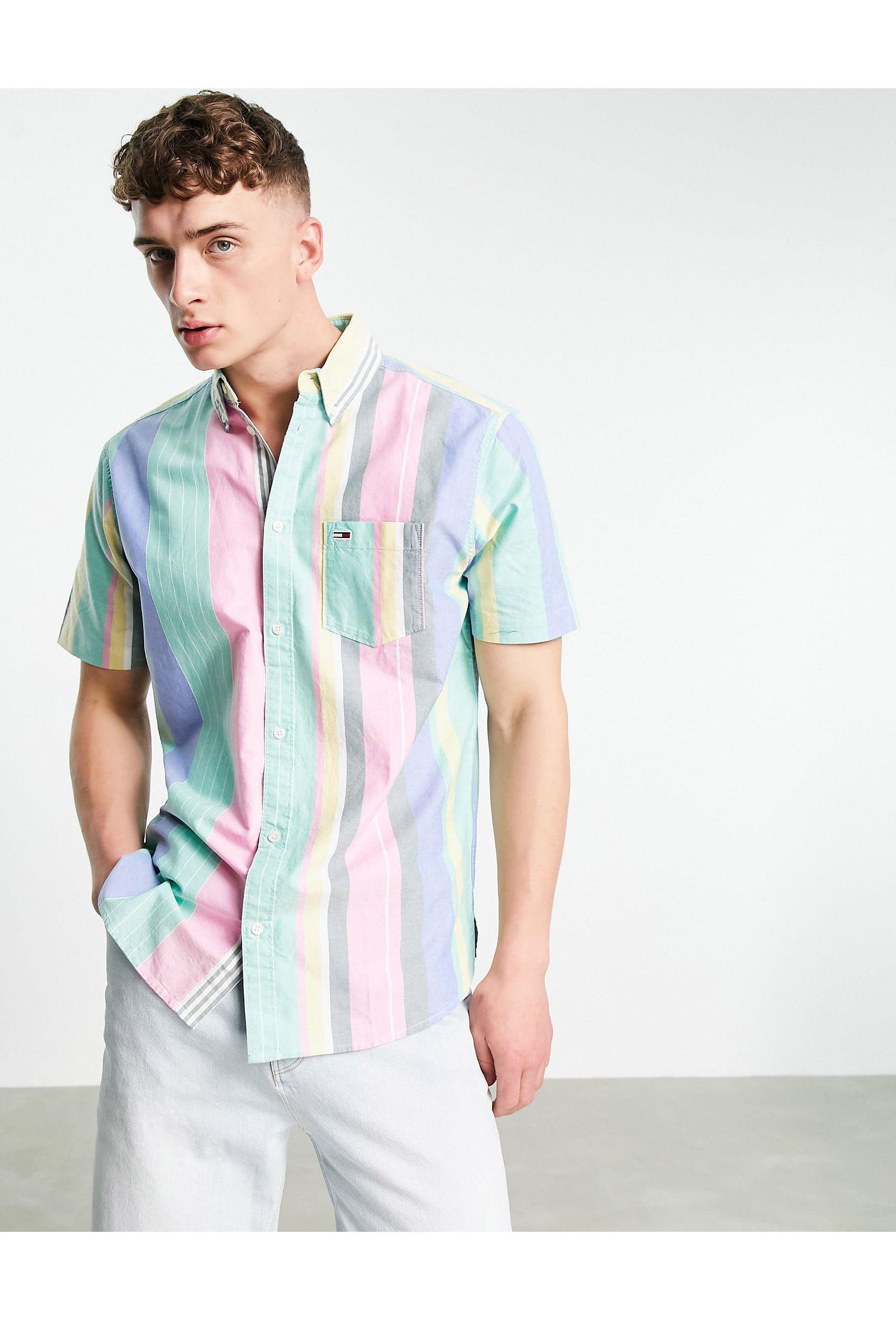Tommy Hilfiger – capsule – kurzärmliges, pastellfarbenes hemd mit  flaggenlogo und mehrfarbigen streifen in Pink für Herren | Lyst DE