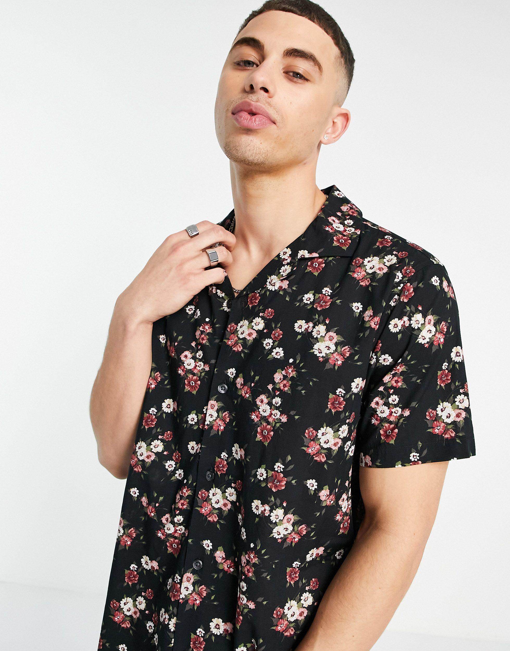 Abercrombie & Fitch Resort Revere Collar Short Sleeve Floral Print Shirt in  Black for Men | Lyst