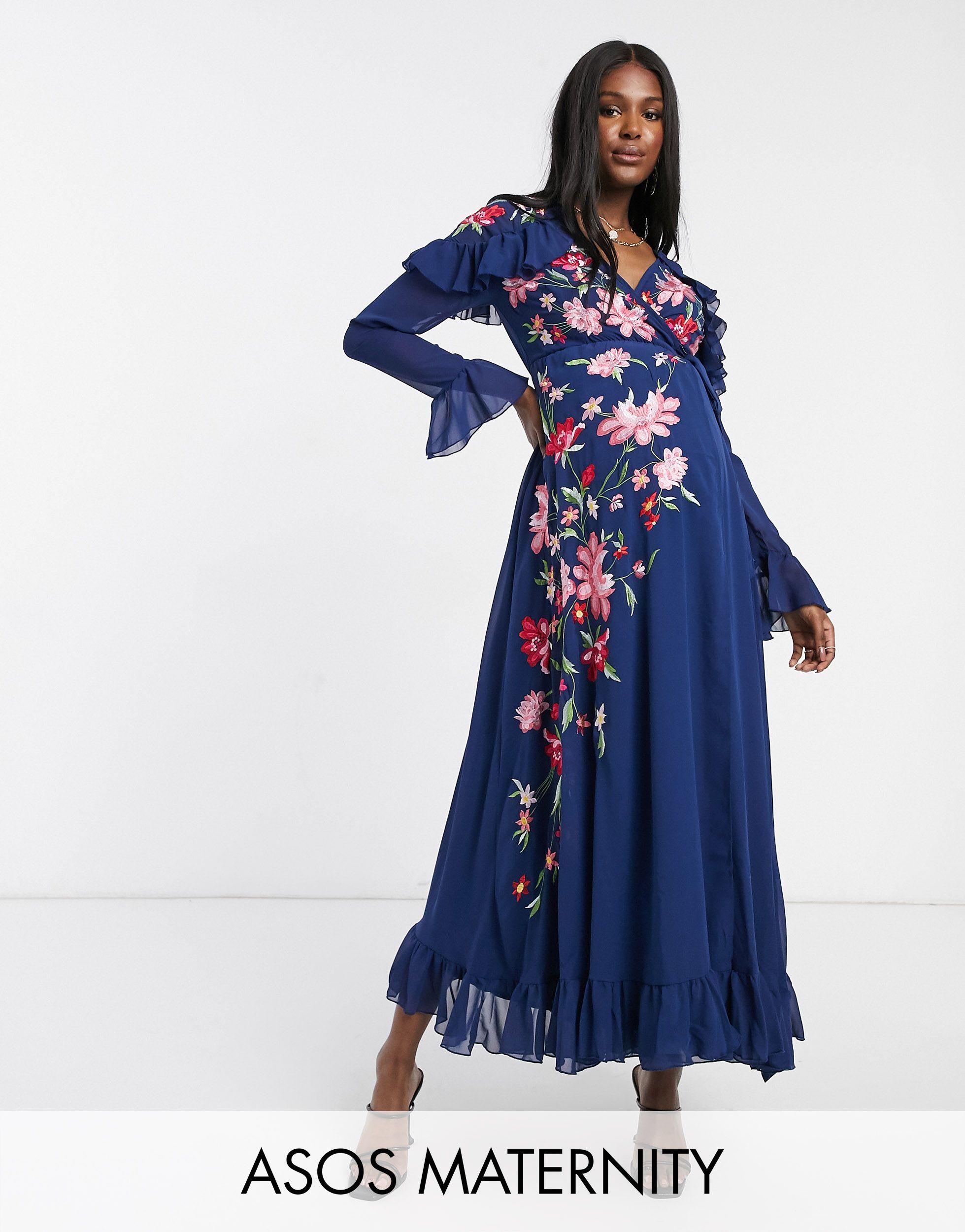 ASOS Asos Design Maternity Embroidered Wrap Maxi Dress With Pephem And  Fluted Sleeves in Navy (Blue) | Lyst