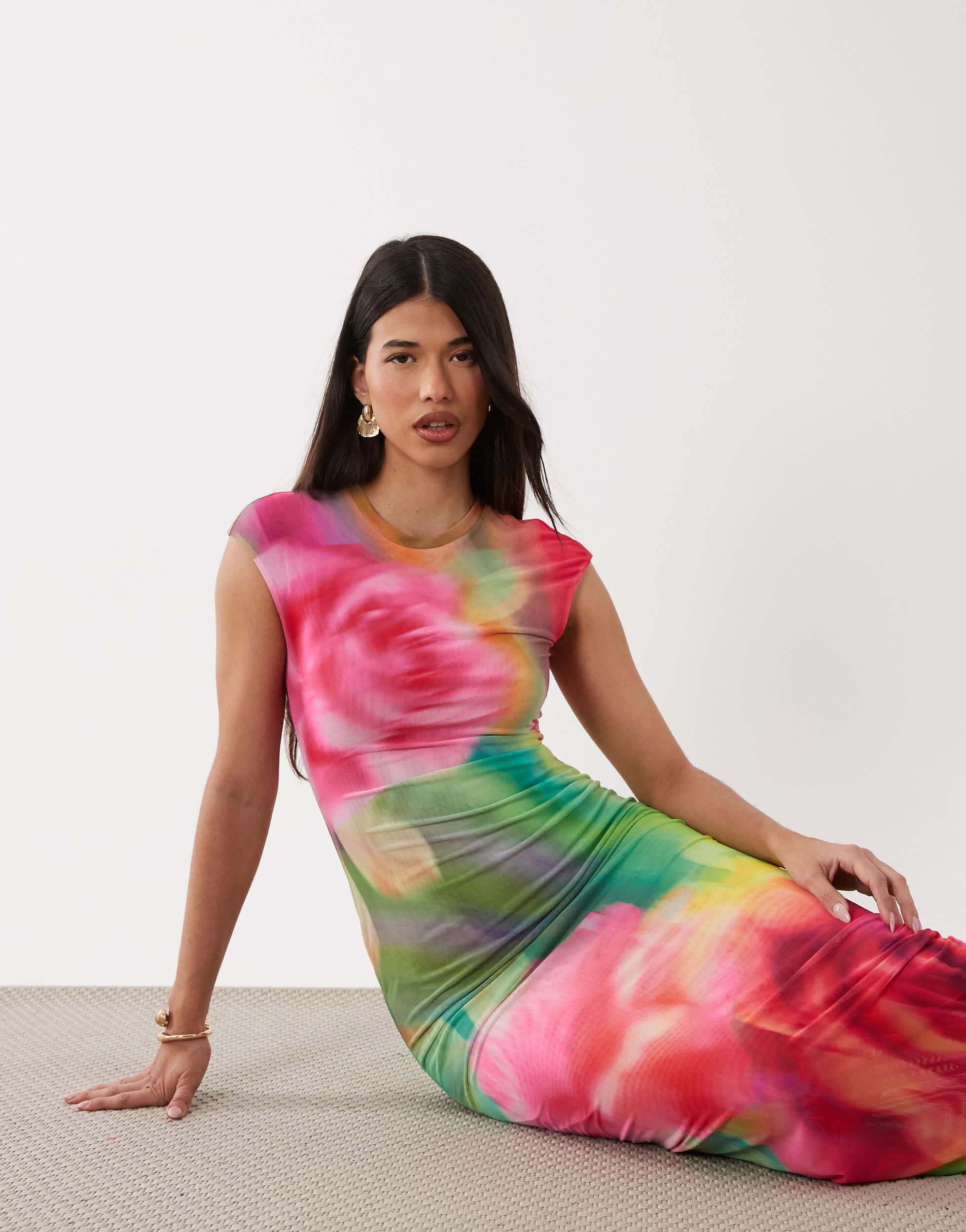 afrm pink leopard dress AFRM mirza long sleeve asymmetrical ruched mini dress in red and pink