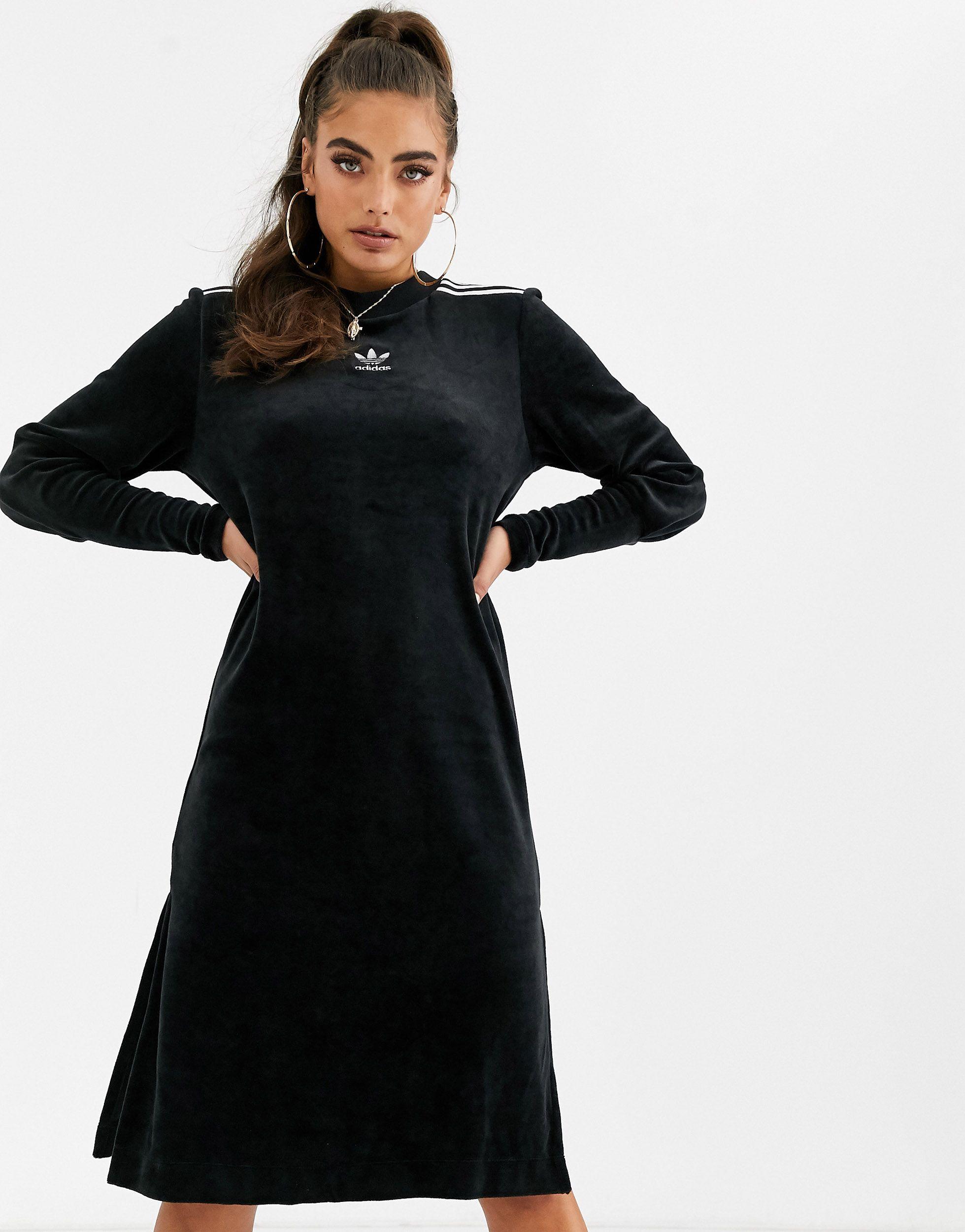 adidas Originals Samt – Kleid aus Samt mit drei Streifen in Schwarz | Lyst  DE