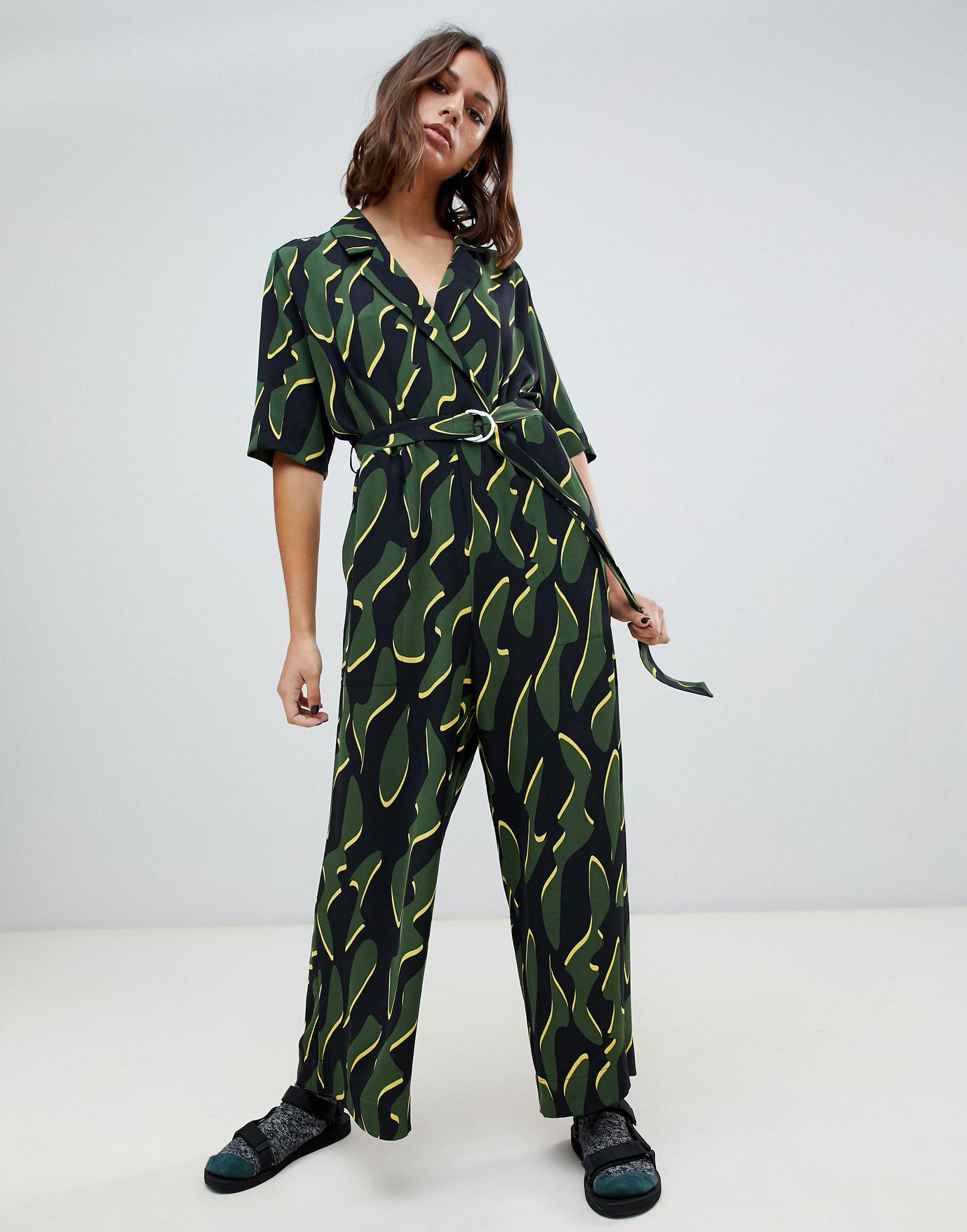 Weekday Synthetic squiggle Print Tailored Jumpsuit in Green - Lyst