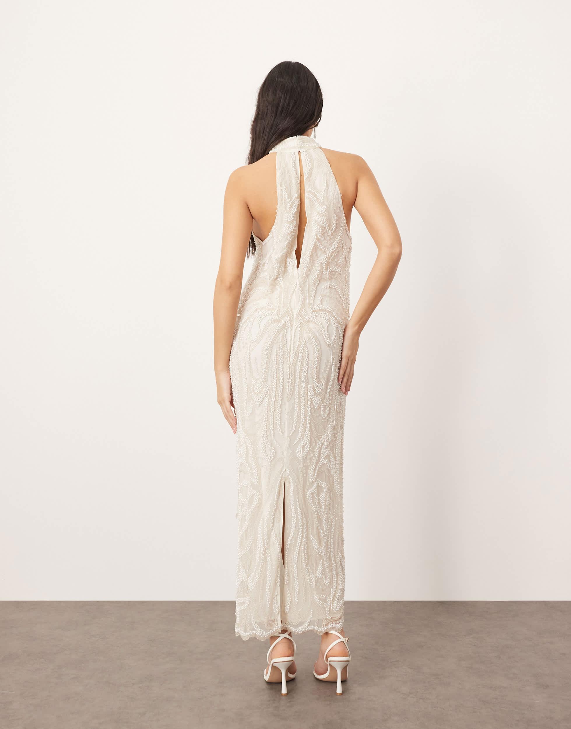 ARRANGE Embellished Pearl Crystal Halter Column Maxi Dress in Natural | Lyst