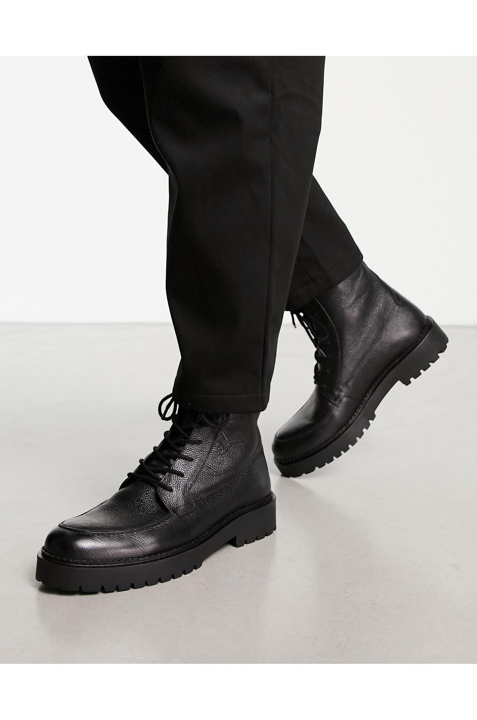 Bottines Homme Shoto En Cuir Noir - Taille 46 - Lacets Et Doublure Fourrure - Occasion Très Bon état