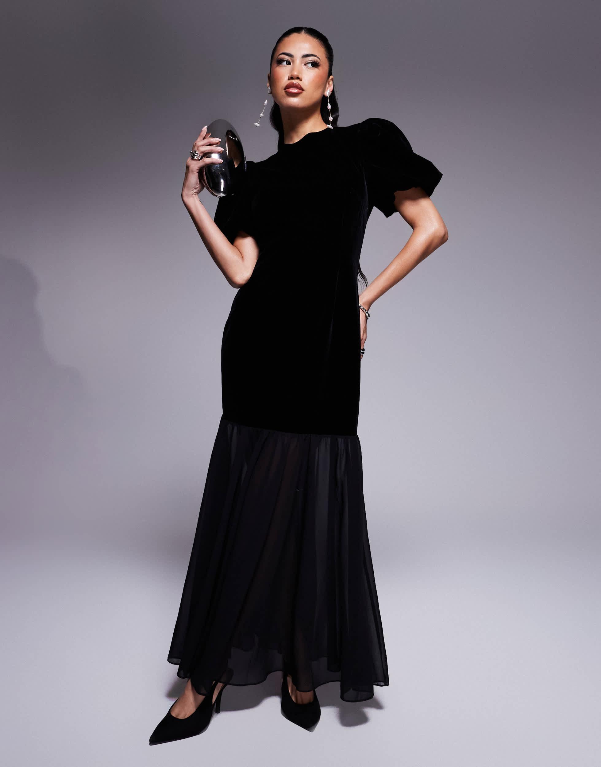 Kaiia Exclusive Velvet Puff Sleeve Open Back Drop Hem Maxi Dress in Black |  Lyst
