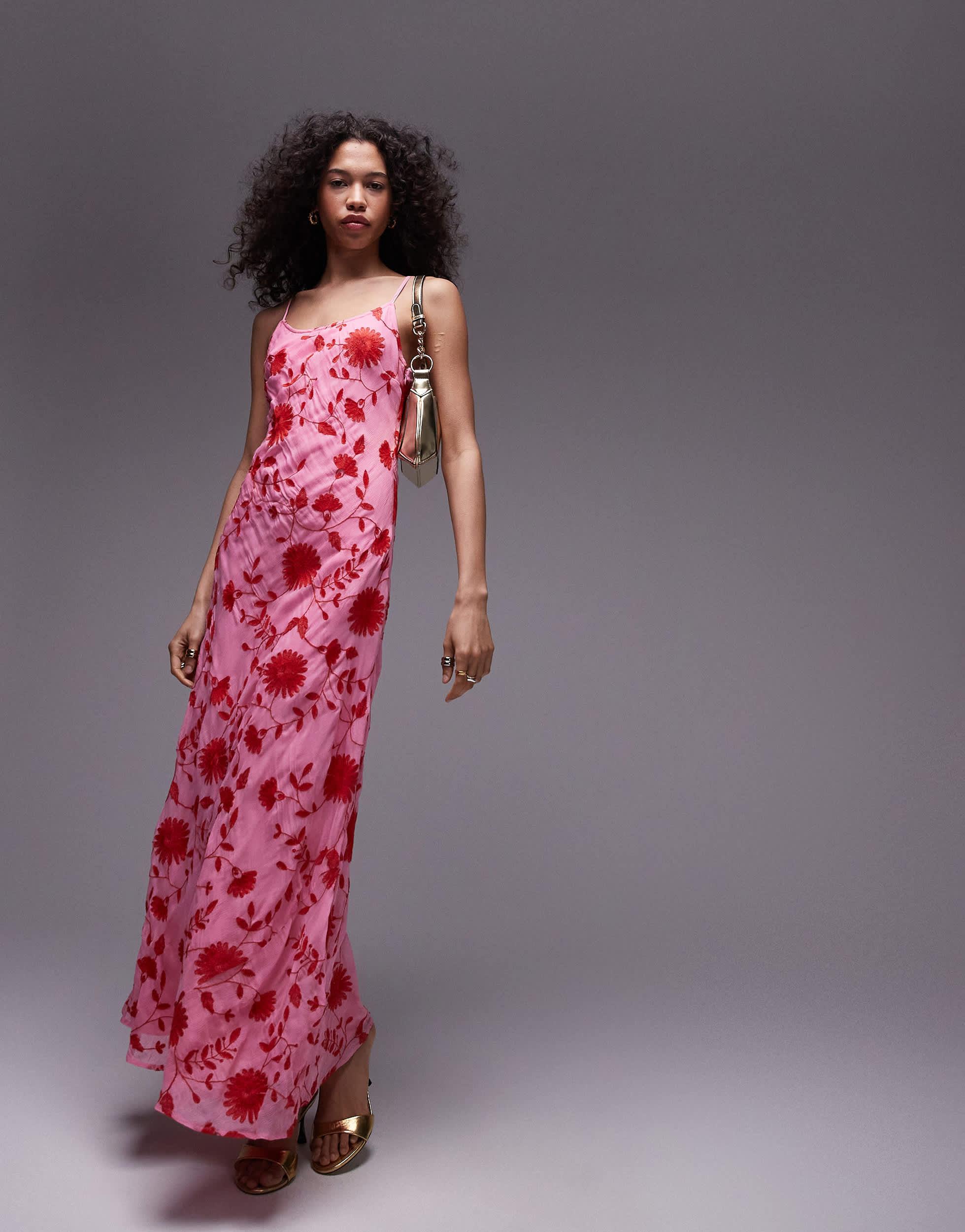 topshop pink embroidered dress Topshop Ruffle Cami Maxi Slip Dress in Pink based floral