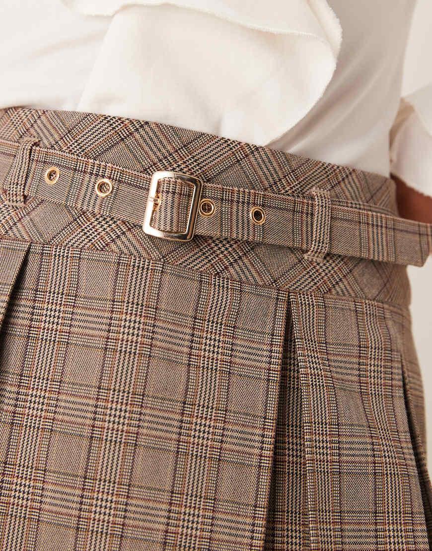 New Look Check Pleated Mini Skirt With Belt in Natural | Lyst UK